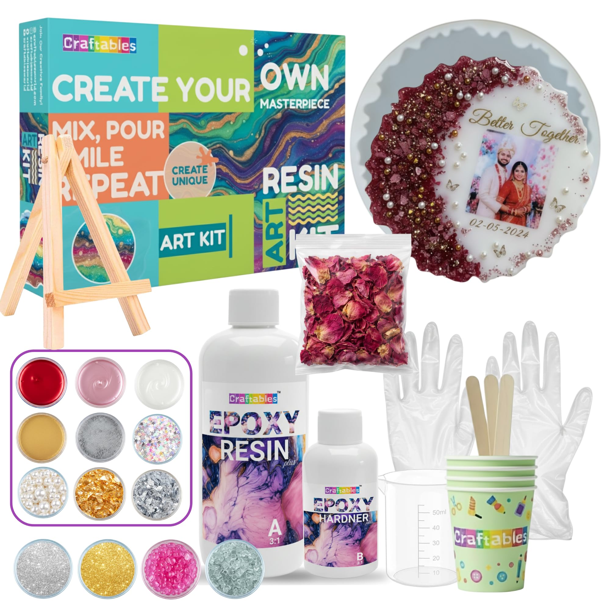 Craftables Resin Art Kit for Frame Making with 8-Inch Agate Mould, Easel Stand, Dried Flowers, Pigments & Stickers - Complete DIY Craft Set for Artists & Beginners - Create Personalized Gifts-image-11
