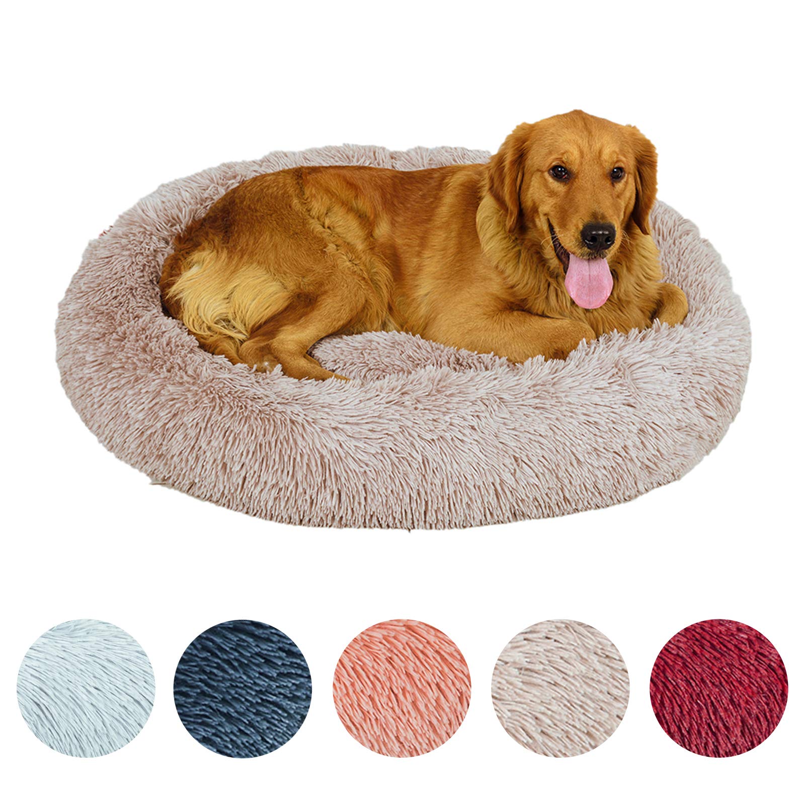 Dog Bed Calming Donut Cuddler,Dog Bed for Small Medium Large Dogs,Detachable with zipper Washable,Beige-L-80CM in Diameter,Washable