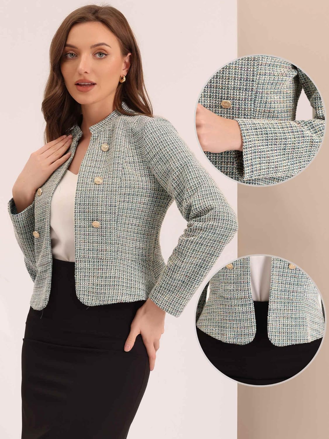 Allegra K Vintage Tweed Jackets for Women's Stand Collar Business Open Front Cropped Blazer Jacket - Image 2