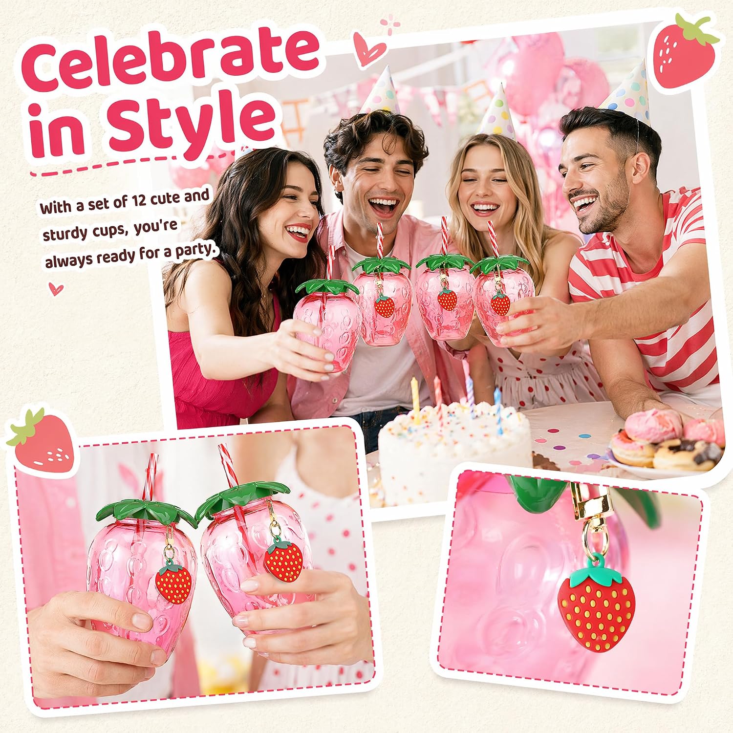 12 Pcs Strawberry Shaped Cups with Lids and Straws, 17 oz Reusable Cute Strawberries Drinking Cups Strawberry Water Bottles for Spring Hawaiian Summer Berry First Birthday Party Decor Supplies image 5