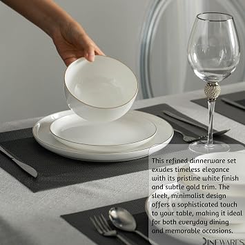 Perlaceo Luxurious Collection of White with Gold Rim Bone China Dinnerware Set-Lightweight and Durable-Service for 4 or 8, Including Dinner, Salad Plates, and Cereal or Soup Bowls, 12-Piece
