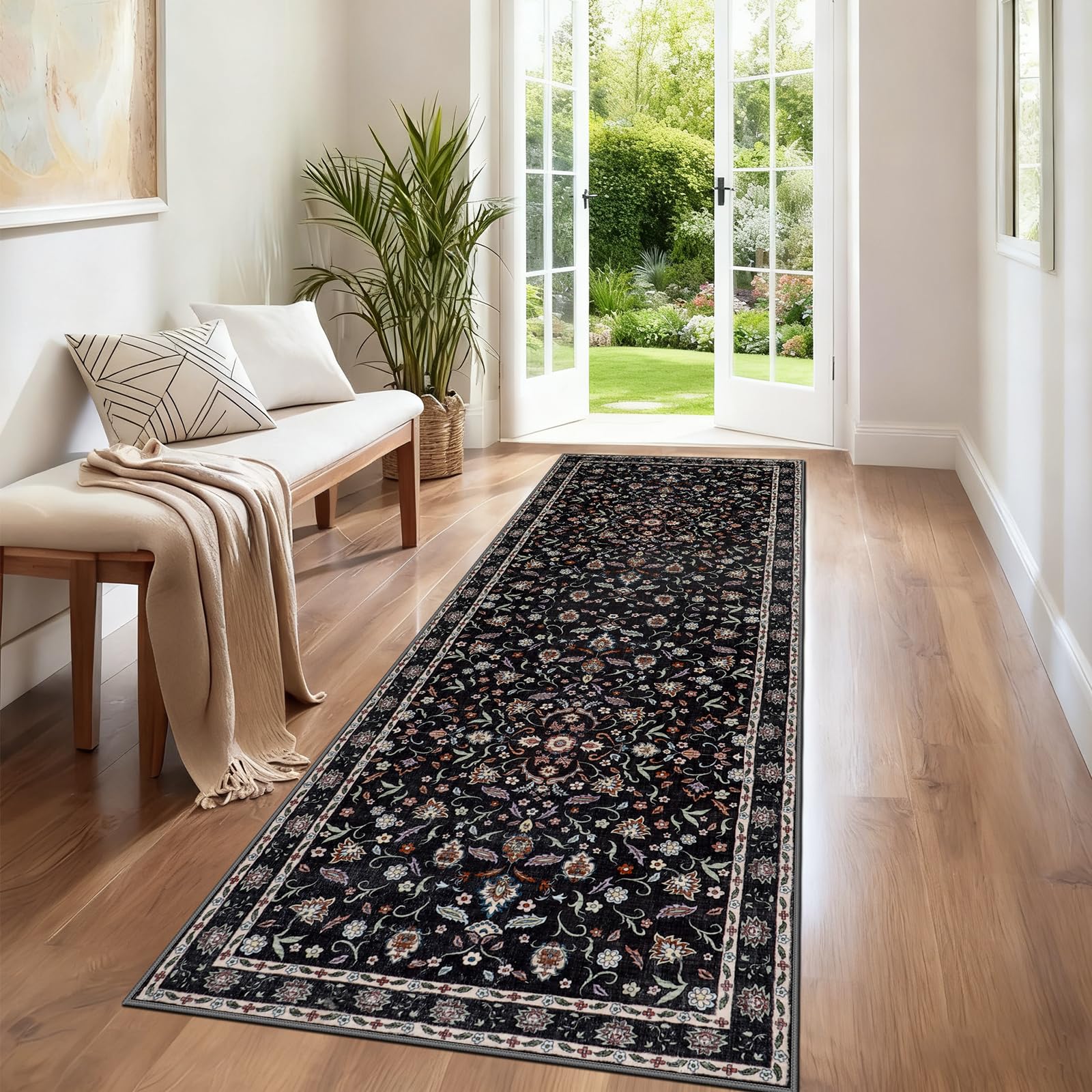 IMIYOKU Hallway Runner Rug Washable Floral Printed Carpet Runners for Hallways 65x240cm Non Slip Long Runner Floor Mat for Entryway Kitchen Bedroom Lounge Laundry Black