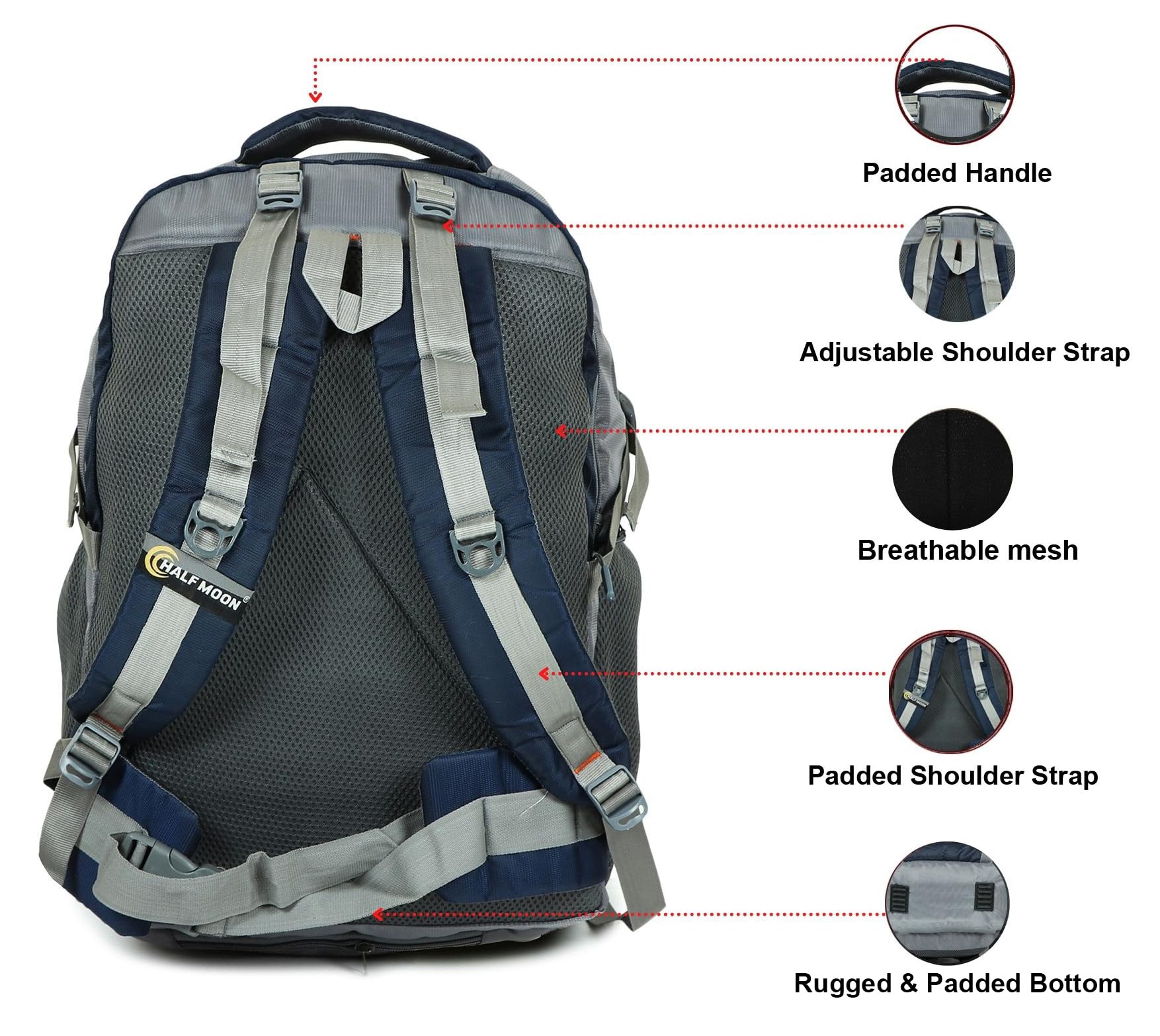 Half Moon Extra Large Size 55L Waterproof Rucksack Bags/Trekking Back packs for Man Woman | Luggage Bag for Travelling with Laptop Compartment | For Hiking, Travel Tracking Backpack for Men & Women 3