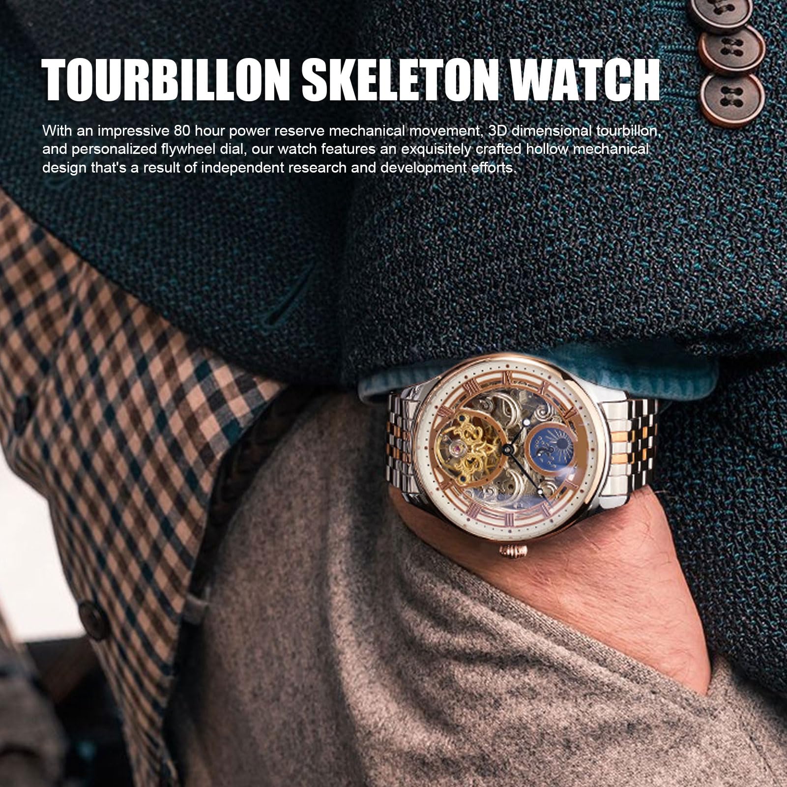 Brrnoo Tourbillon-Mechanische Uhr, Herren-Luxus-Skelett-Automatik-Mechanische-Armbanduhr, Tourbillon, Freiliegendes Uhrwerkszifferblatt, Mondphrase, Wasserdicht