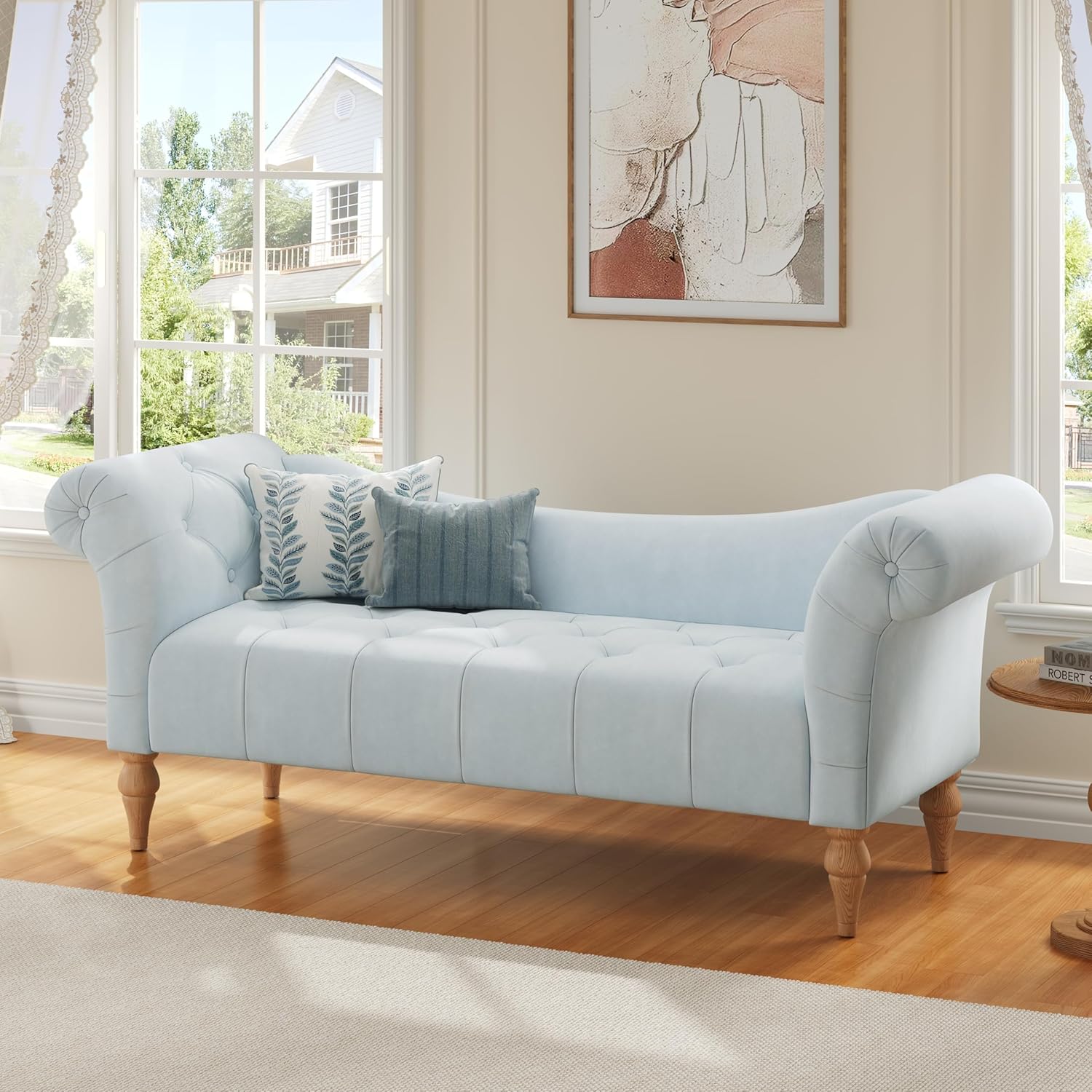 Christopher Knight Home Ucal Light Blue Velvet Upholstered End of Bed Ottoman Bench with Button Tufting & Curved Arms