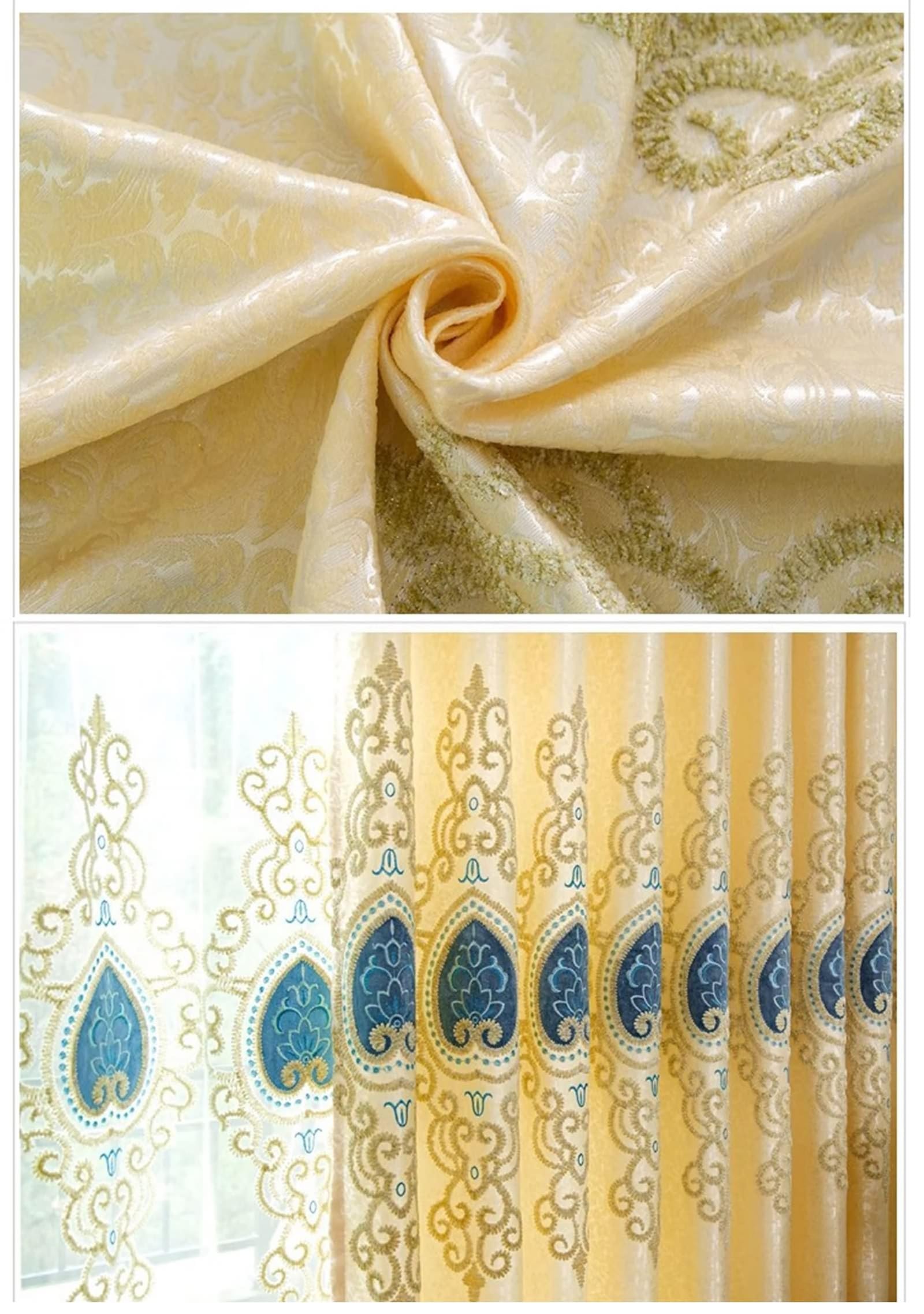 Tenda Oscuranti per Interni, Tende Moderna per Finestre 102x183 Poliestere Beige con Ricami Floreali Vintage, con Gancetti, 2 Pannelli