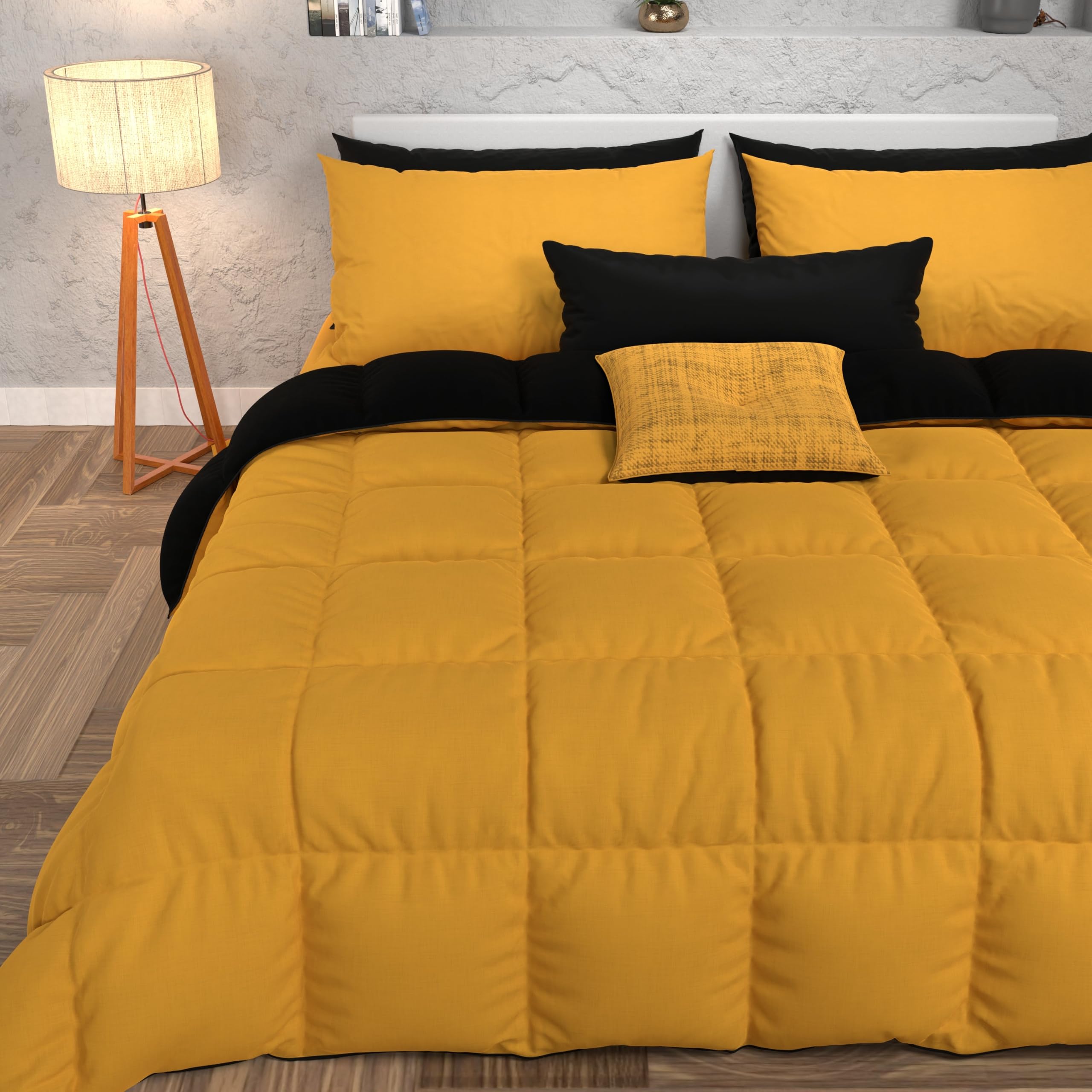 PETTI Artigiani Italiani - Winter Quilt 260x270 cm Super King, Warm Reversible Double Face Quilt Yellow Black, Hypoallergenic Microfibre 300g/m², Soft and Cosy, Made in Italy