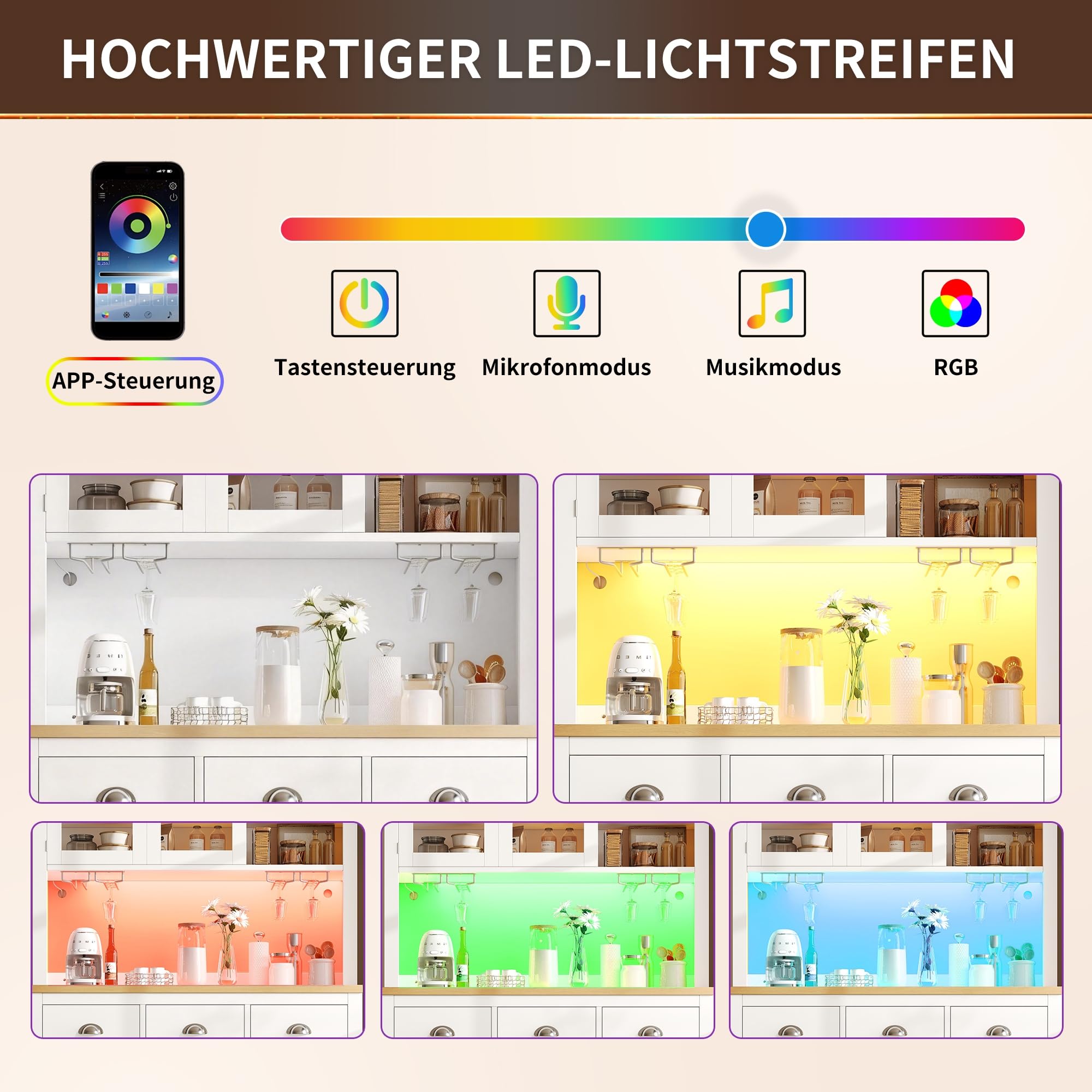 Seitenboard/Aufbewahrungsschrank/Küchenschrank/Buffetschrank, 104x40x180cm, Landhausstil, 4 Türen, mit LED-Lichtleiste & Getränkehaltern, Weiß