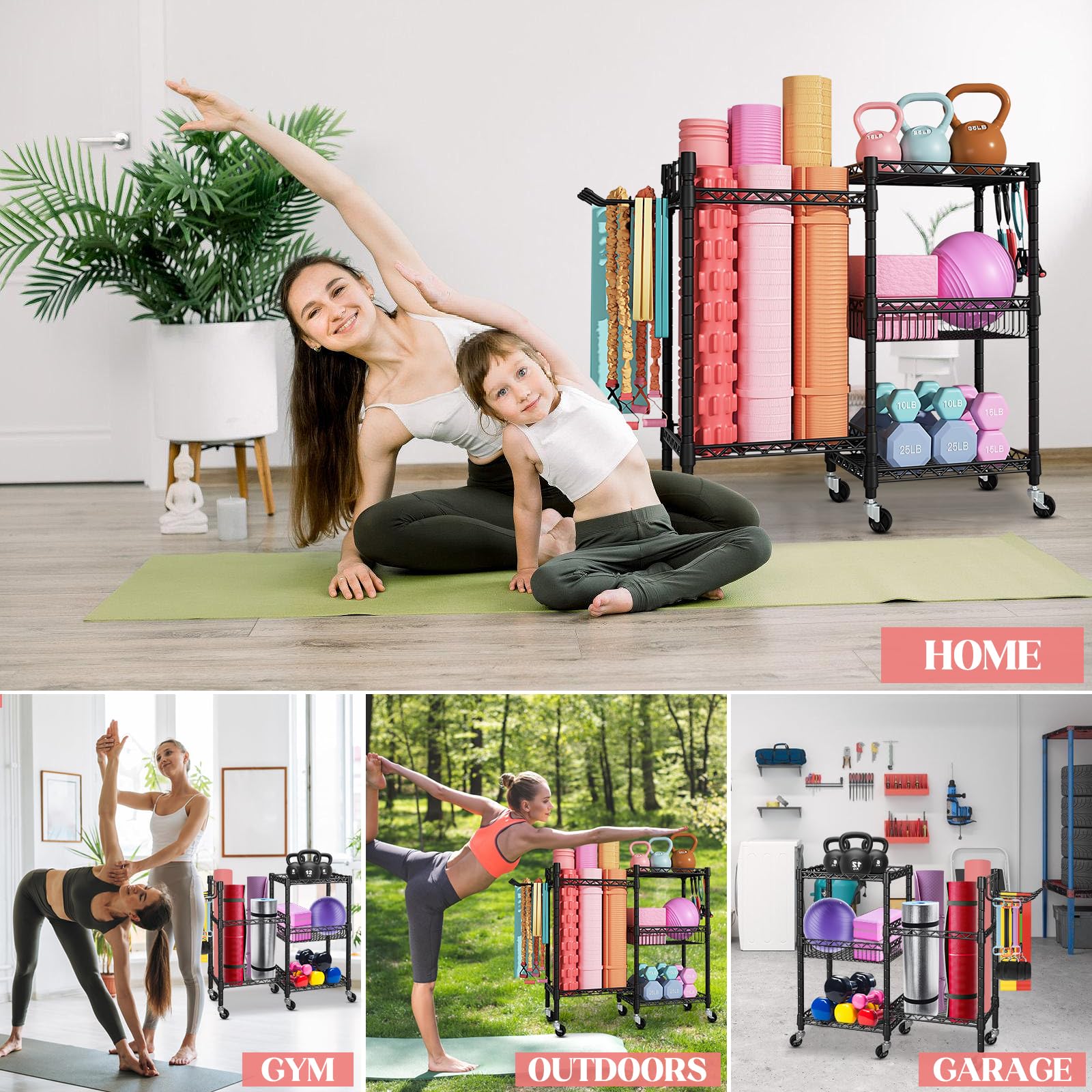 Rastrelliera per Manubri a 3 Livelli con Ruote Bloccabili e Ganci – Scaffale Palestra in Acciaio al Carbonio per Manubri, Tappetini Yoga e Bande di Resistenza, 91,5×30×82,5 cm, Portata 120 KG