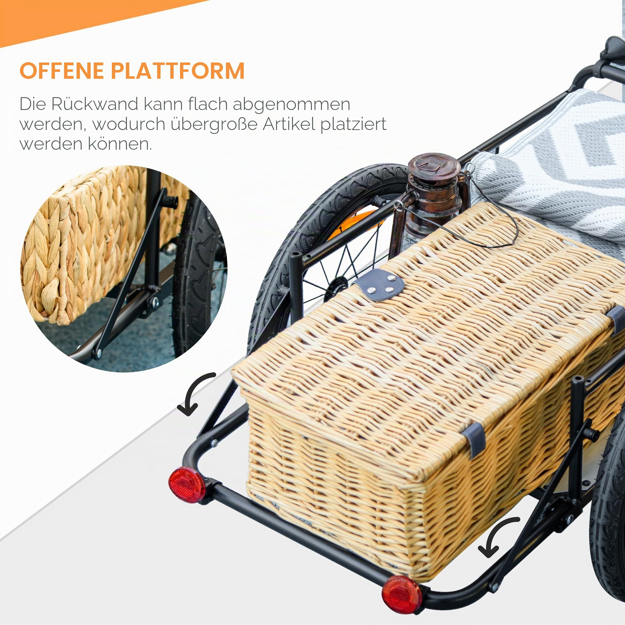 HOMCOM Fahrradanhänger mit Aufbewahrungsbox, abnehmbar und faltbar, 65 l, Reifen und Sicherheitsreflektoren, maximale Belastung 40 kg