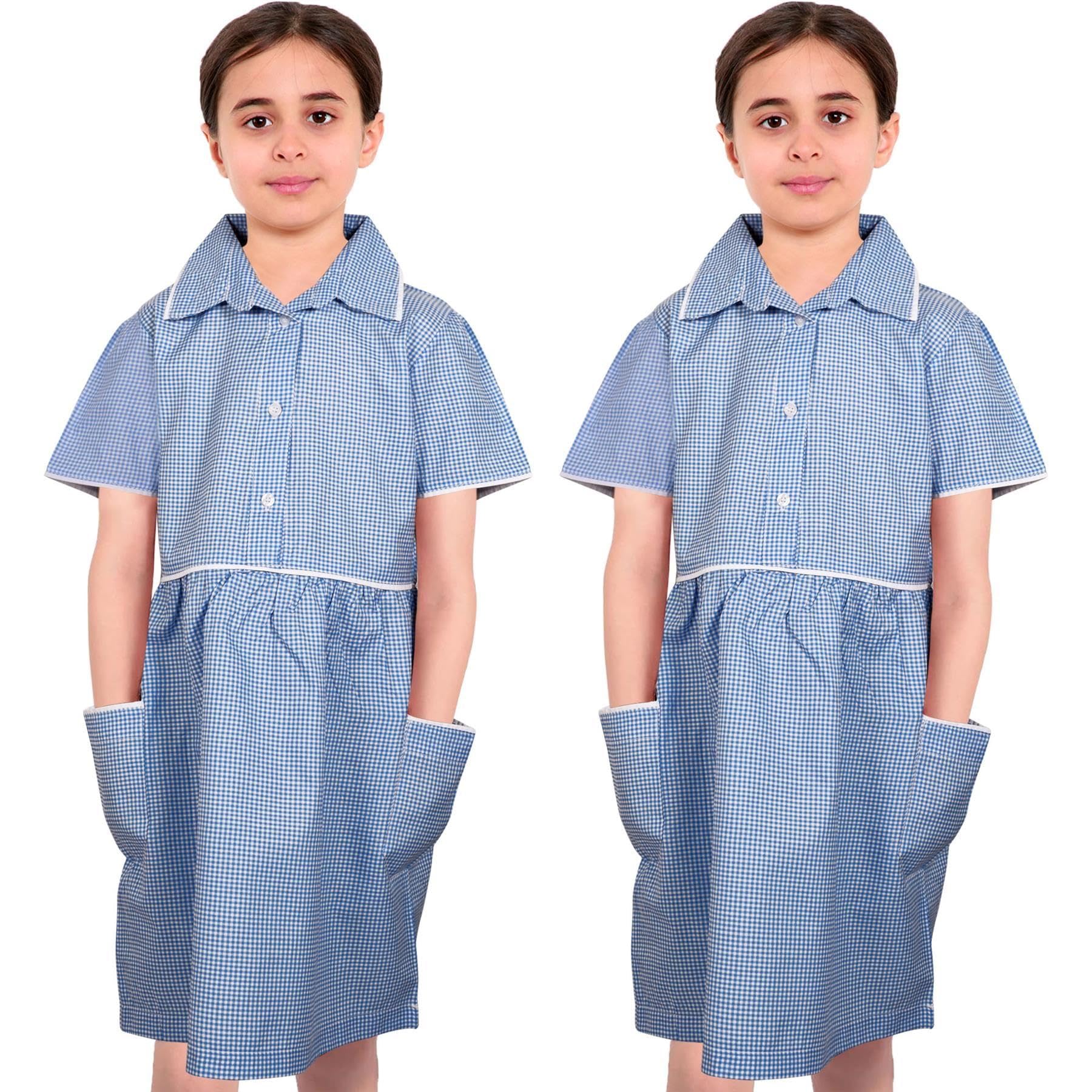 A2Z 4 Kids Mädchen Packung Mit 2 Uniform Schule Kleid Weich Bequem Gingham Kariert Sommer Schulen Kleider Mit Passenden Haargummis Alter 2-14 Jahre