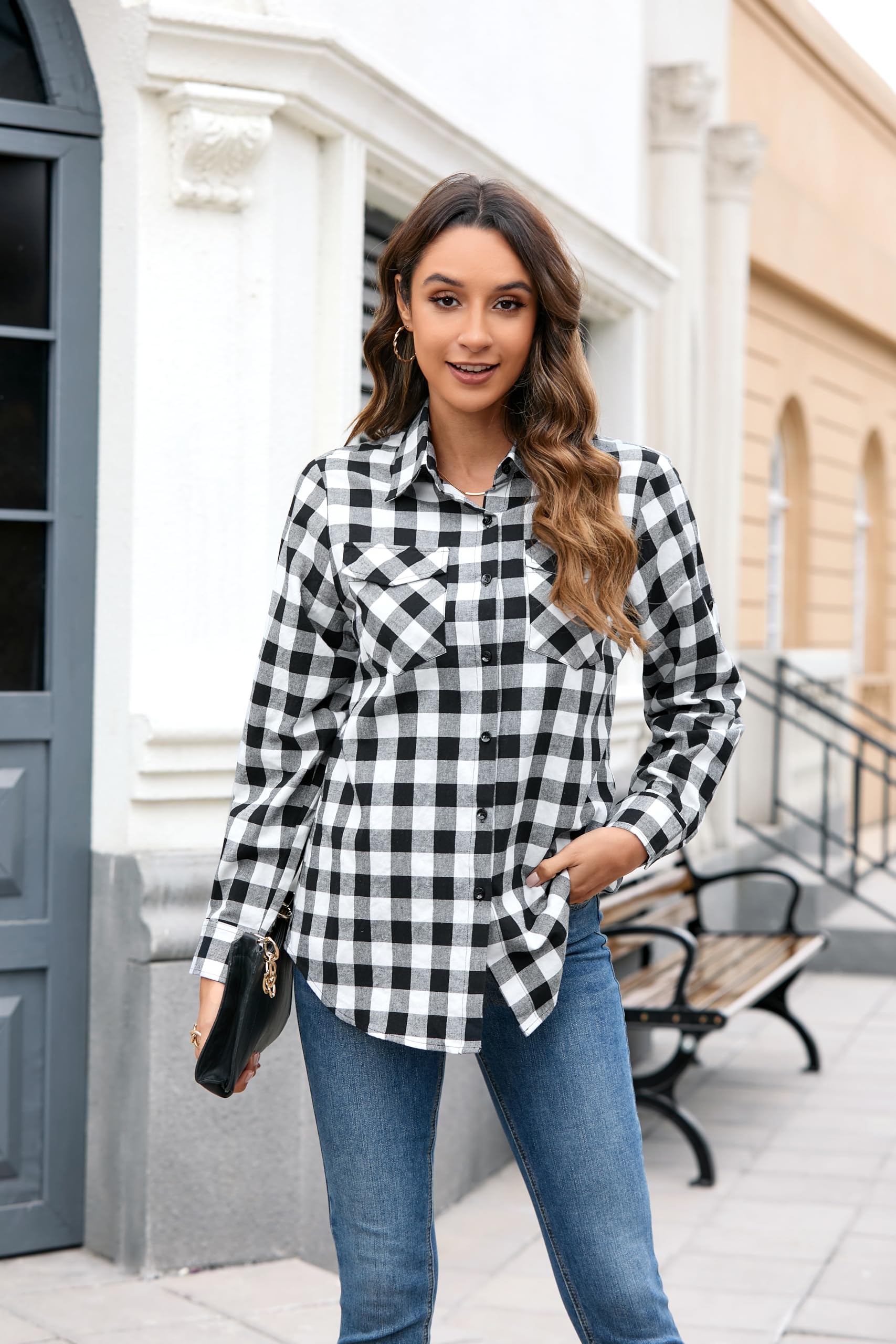 Chemise a Carreaux Femme Chemise à Boutons à Manches Longue Chemise à Carreaux pour Femmes Chemisier Country Top à Enrouler Décontracté Bureau Classique Fête avec Poches S-3XL