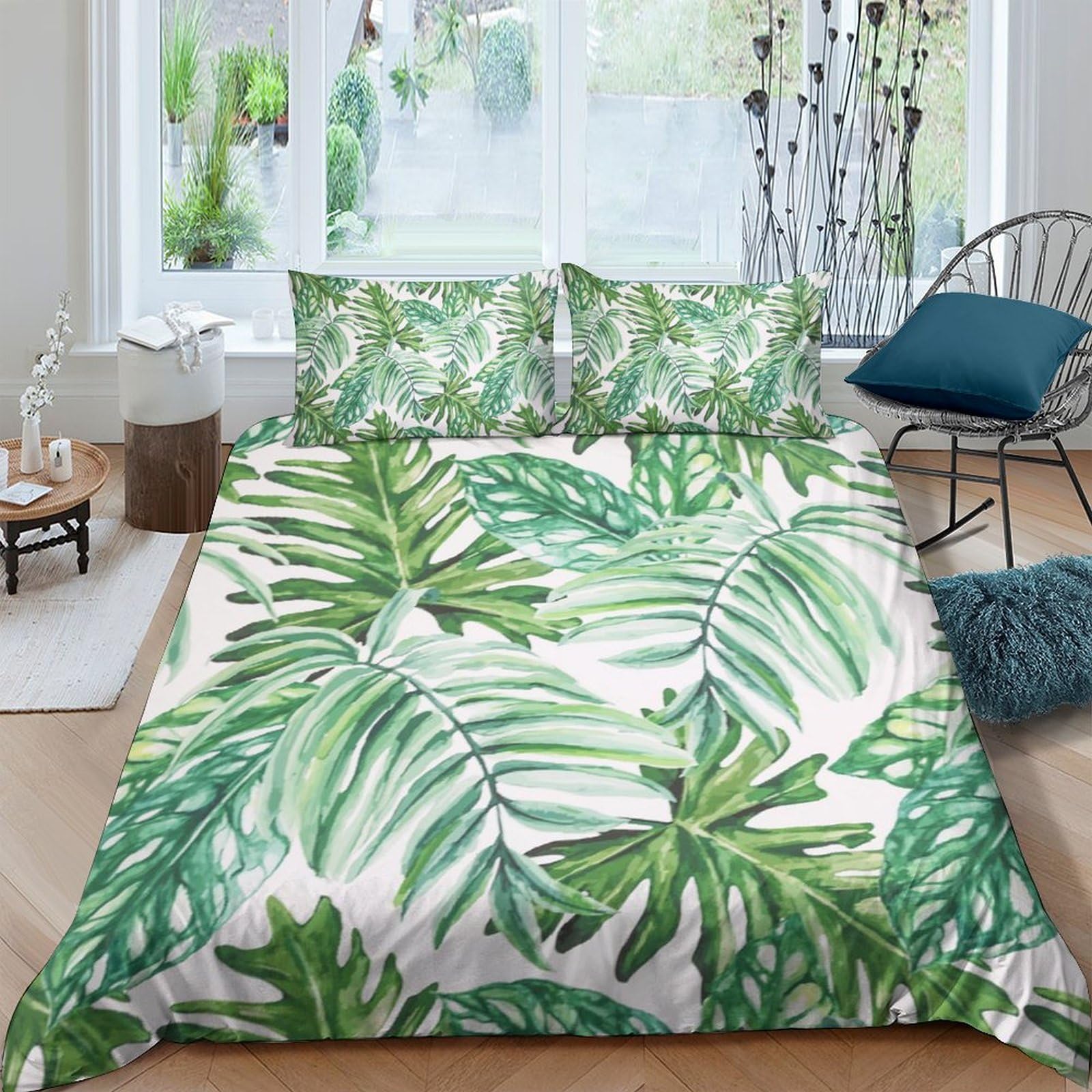GPLZQXKJNH 3D Printed Tropical Leaf Duvet Cover Microfiber Soft Breathable Botanical Quilt Cover Set with 2 Pillowcases for Bedroom Decor Single（135x200cm）