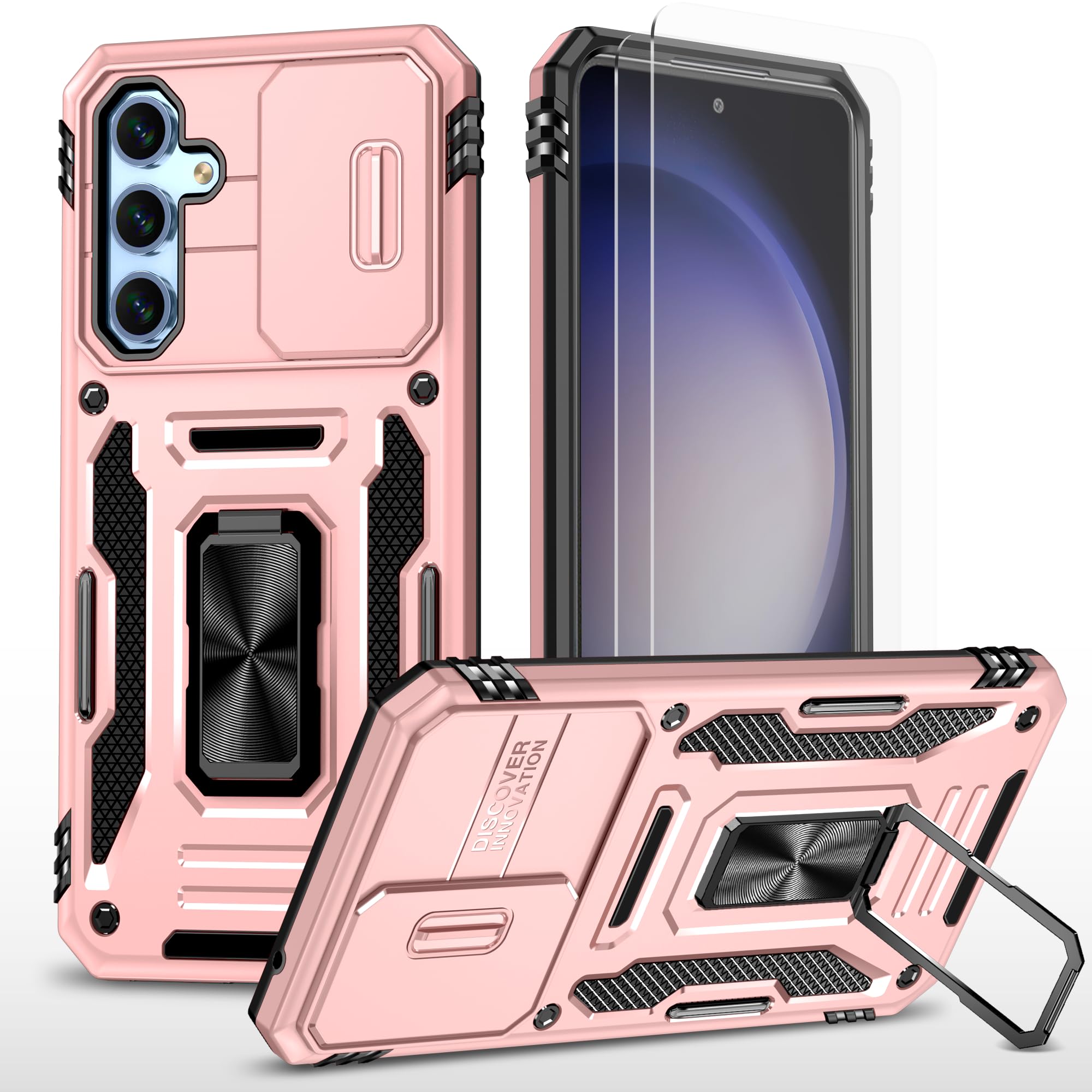 Ezanmull for Samsung Galaxy S23 FE Case with Slide Camera Cover + Screen Protector(2 Packs), Rotated Ring Kickstand Milita...