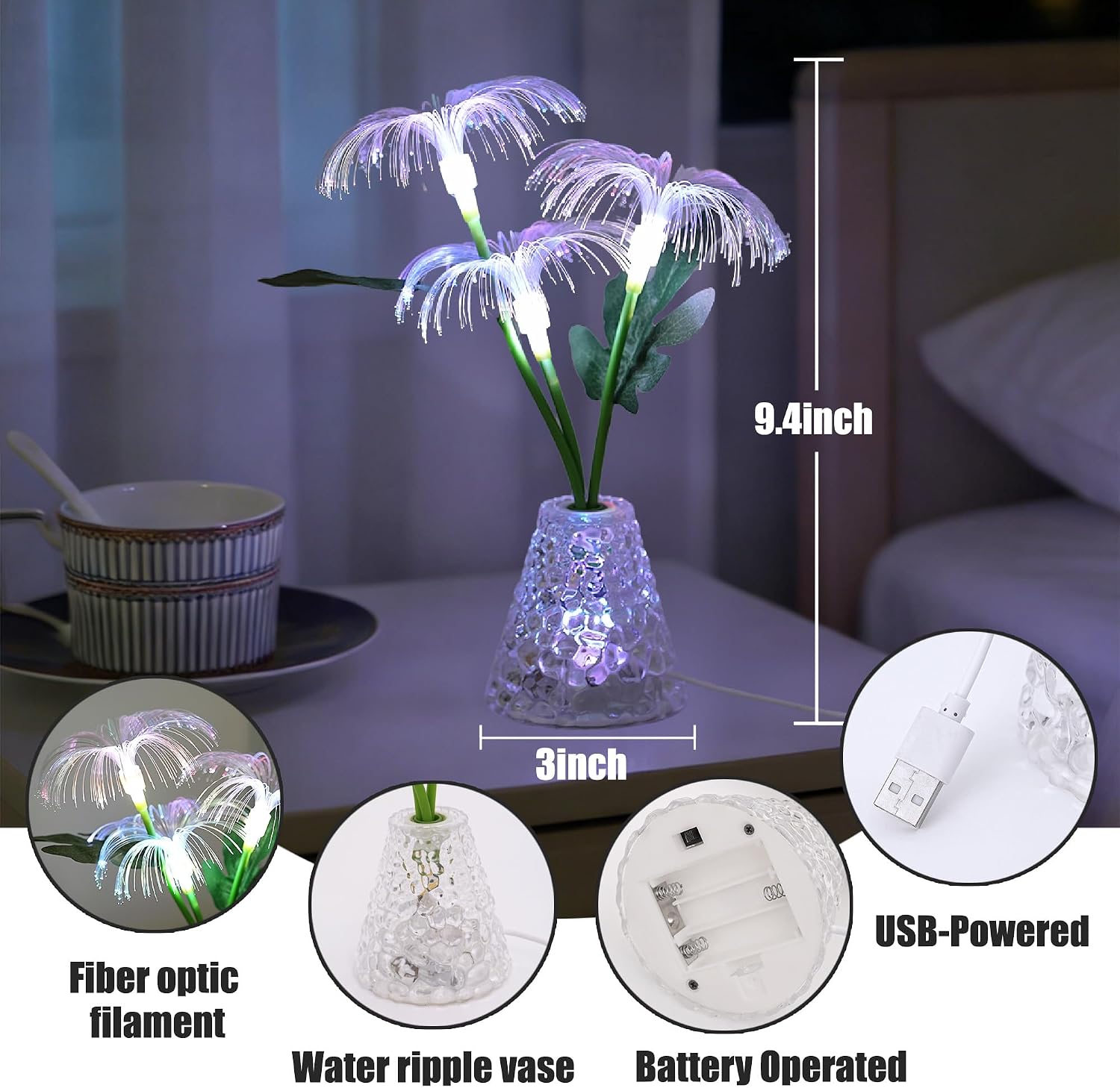 Fiber Optic Firework Lamp, Color Changing LED Light, USB & Battery Powered Decor Lamp for Bedroom Bar Coffee Shop Wedding Decor, Gift for Women on Birthday Christmas Valentines Mothers Day