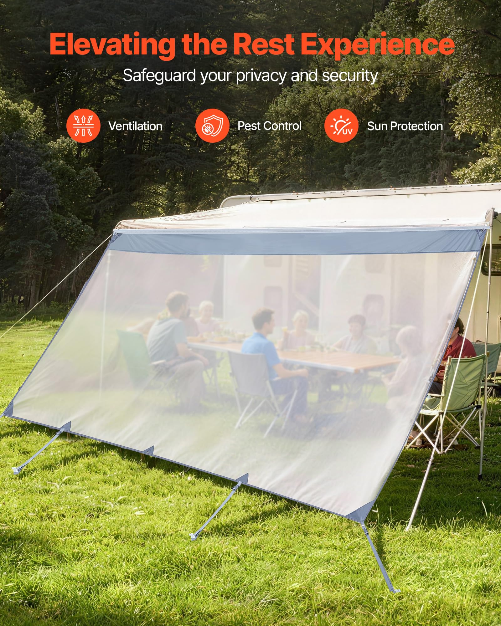 VEVOR Pannello Laterale Frangisole in Poliestere Trasparente Parete Frontale per Camper Roulotte 2x4,3m Compatibile per Tenda da Sole 4,5m