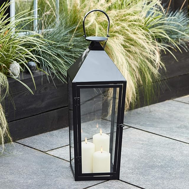 Lights4fun Extra Large Black Metal Battery Operated Fully Waterproof Outdoor Garden LED TruGlow® Candle Lantern for Indoor Outdoor Use 60cm
