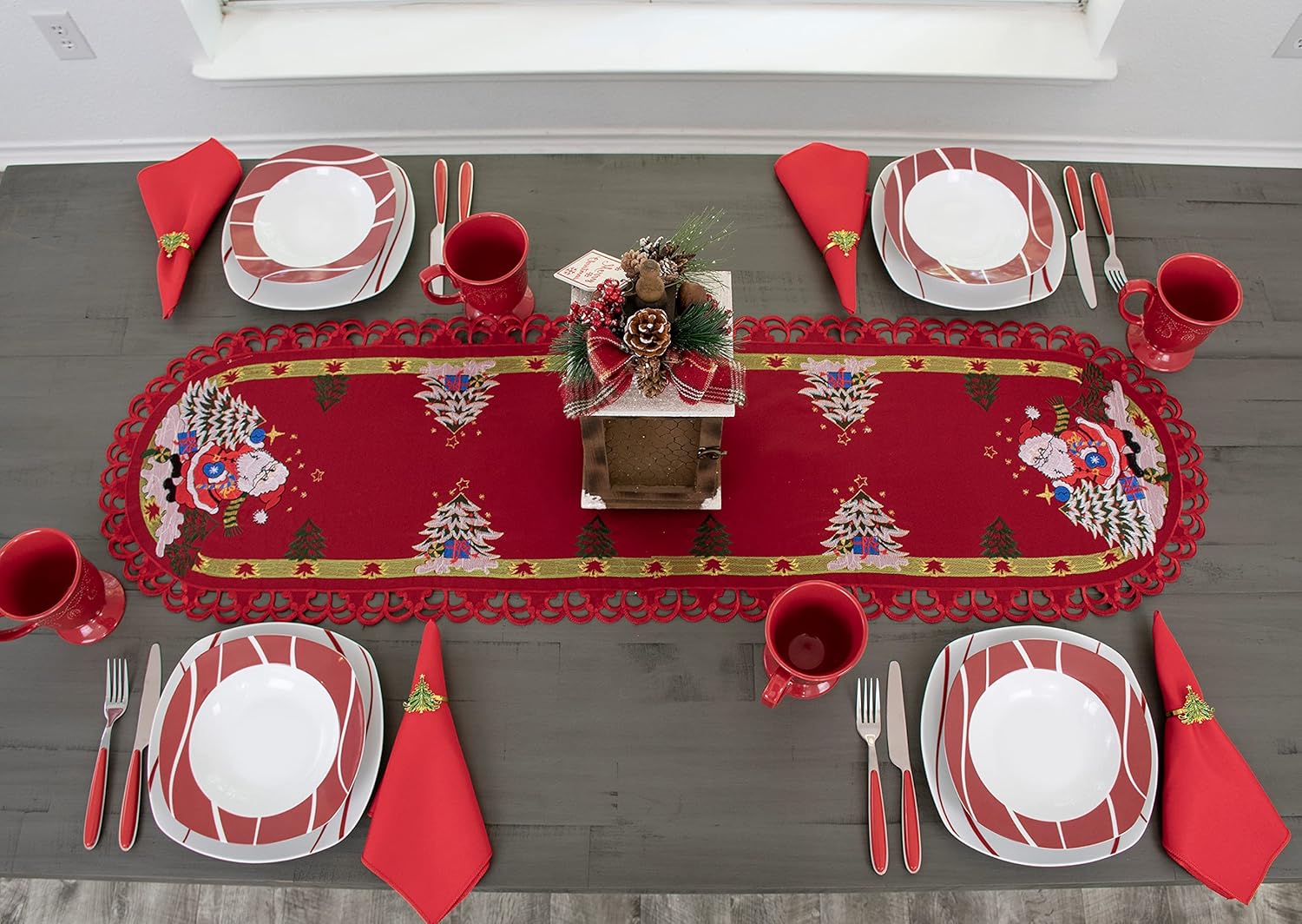 Embroidered Christmas Holiday Santa Claus and Christmas Trees 16 x 53 Inch Approx Doily Table Runner Dresser Scarf Coffee Table Runner on Red