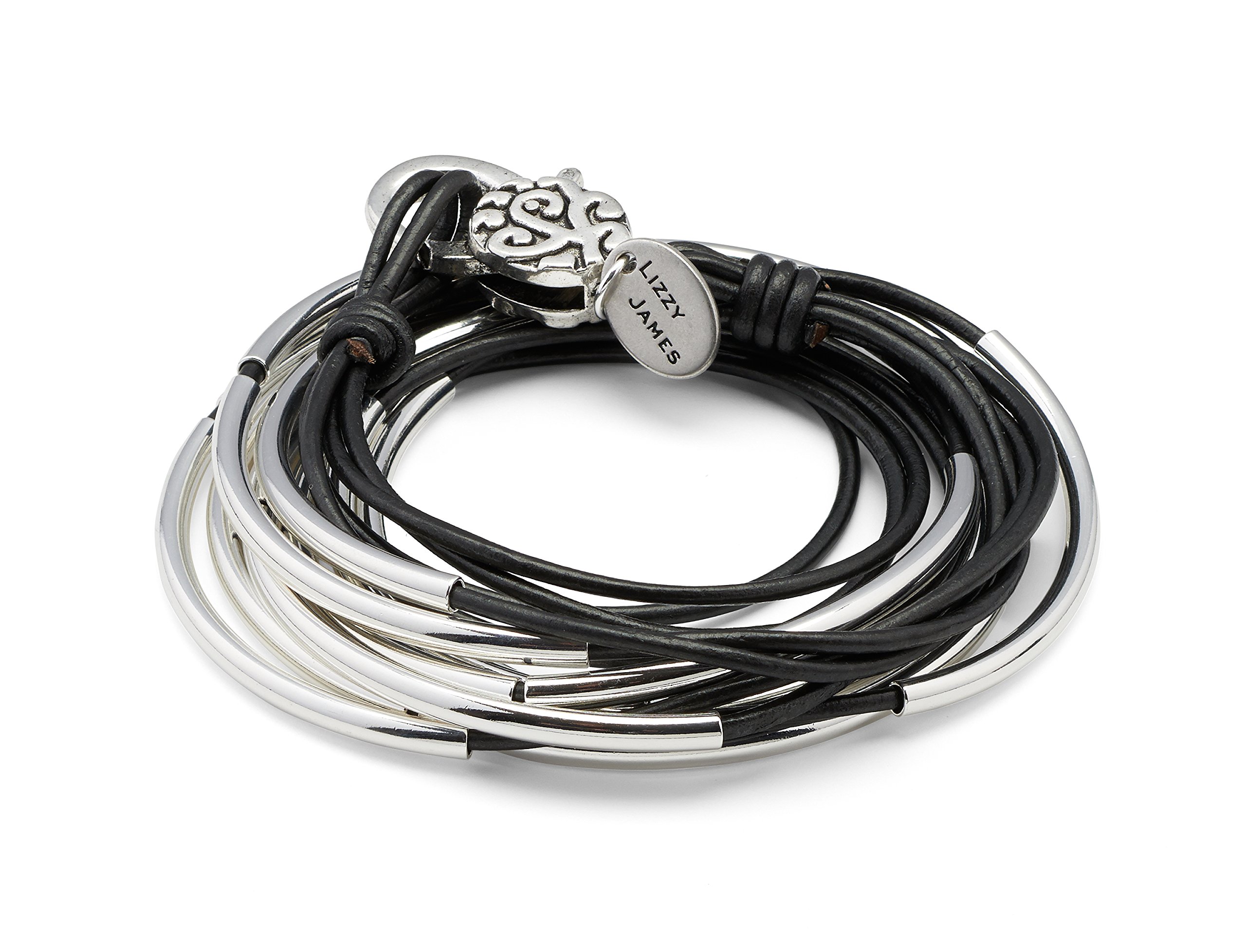 Lizzy Classic Silverplated 4 Strand Metallic Gunmetal Leather Wrap Bracelet (Medium (6 1/4" - 6 1/2"))