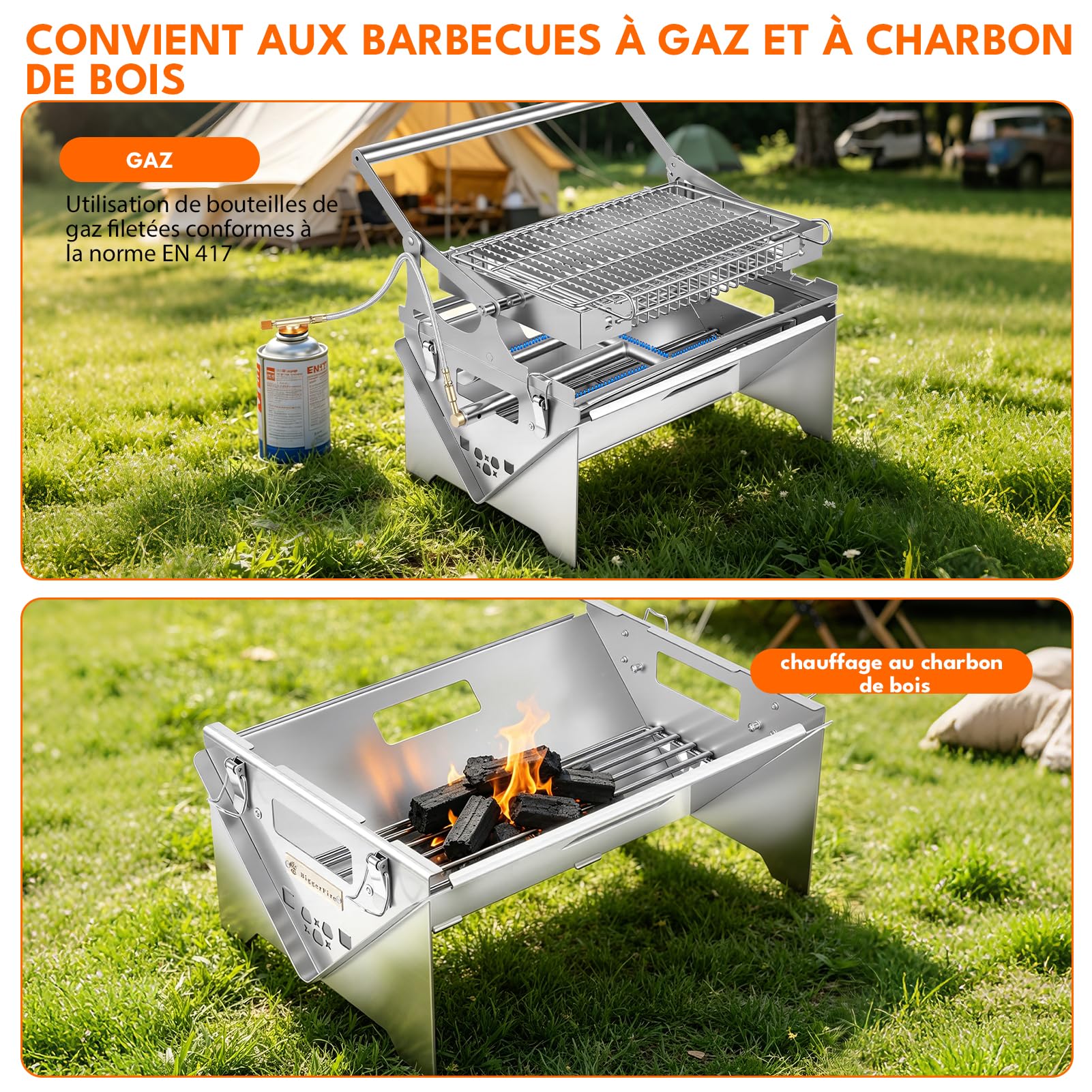 Barbecue au Gaz,Utilisation double Gaz/Charbon,Barbecue Charbon de Bois Portable avec Gril Rotatif 360°,Barbecues Pliable en Acier Inoxydable,pour Jardin, Terrasse, Pique-Nique, Camping