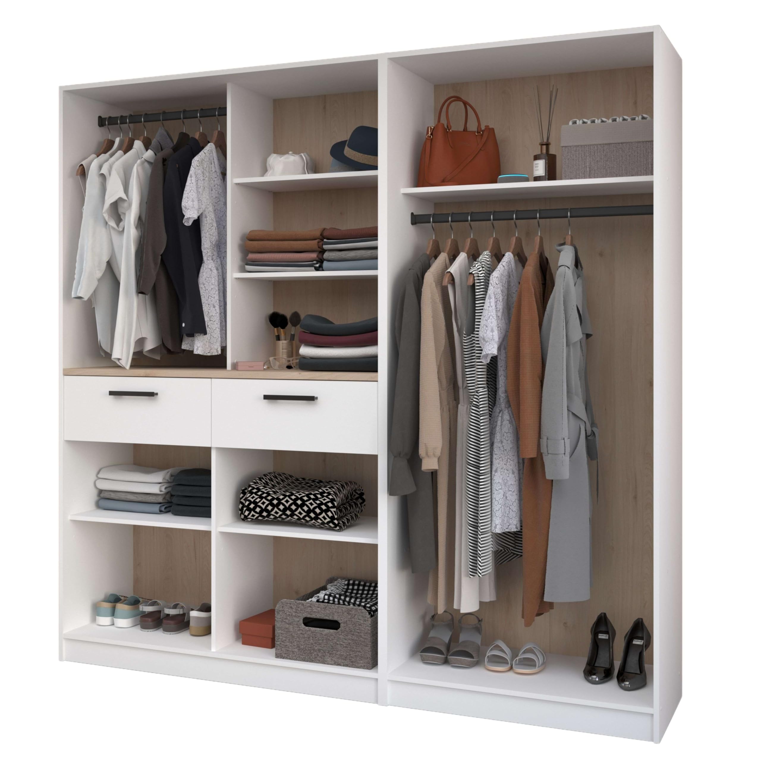 Miroytengo Vestidor Abierto Modular Flexa Dormitorio en Color Roble Jackson y Blanco Mate con 2 Cajones, 5 Estantes, 2 Barras Sin Cortinas 203x200 cm