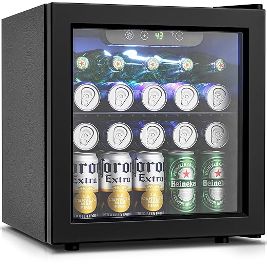 50 Can Beverage Refrigerator Cooler - 1.3 Cu.Ft Mini Fridge with Glass Door, Soda Beer Drink Wine Fridge, Countertop Small Refrigerator for Bedroom Office Home Dorm Bar, Black