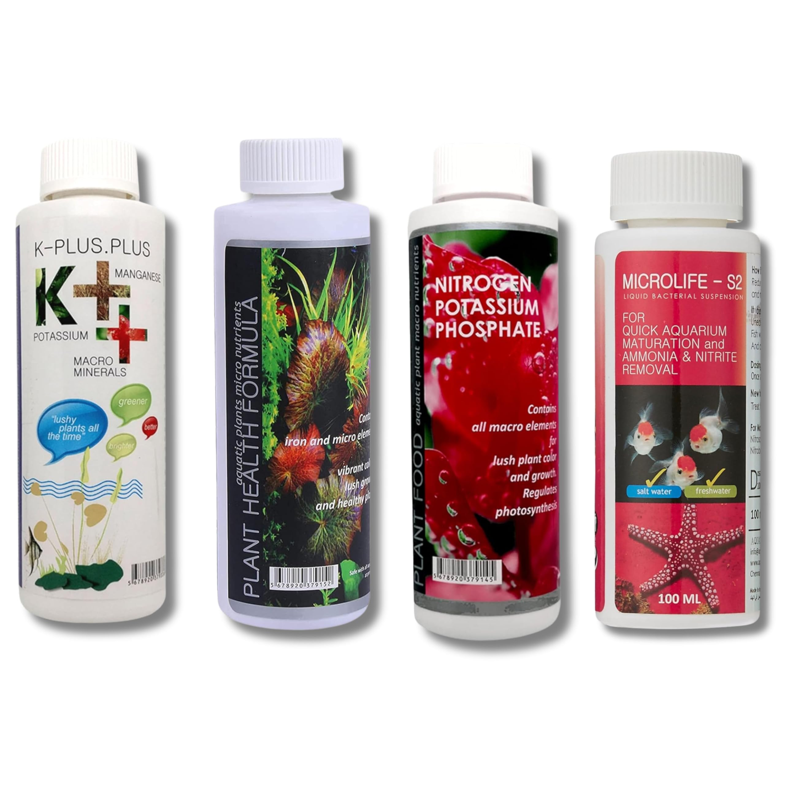 Foodie Puppies Aquatic Remedies 4 Combo Pack Plant Fertilizer - (Plant Food + Health Formula - (120ml), Microlife S2, K++ (100ml)) for Aquarium Medicine with Free Key Ring