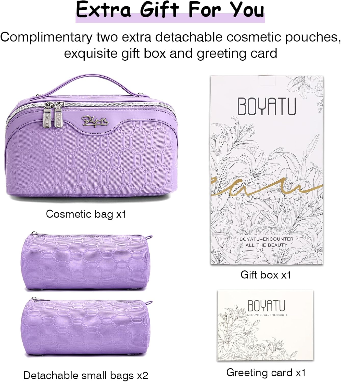 BOYATU Travel Makeup Bag for Women: Cosmetic Organizer Bag with Compartments - Leather Make up Bags Set of 3 (G-1-Purple) - Image 5