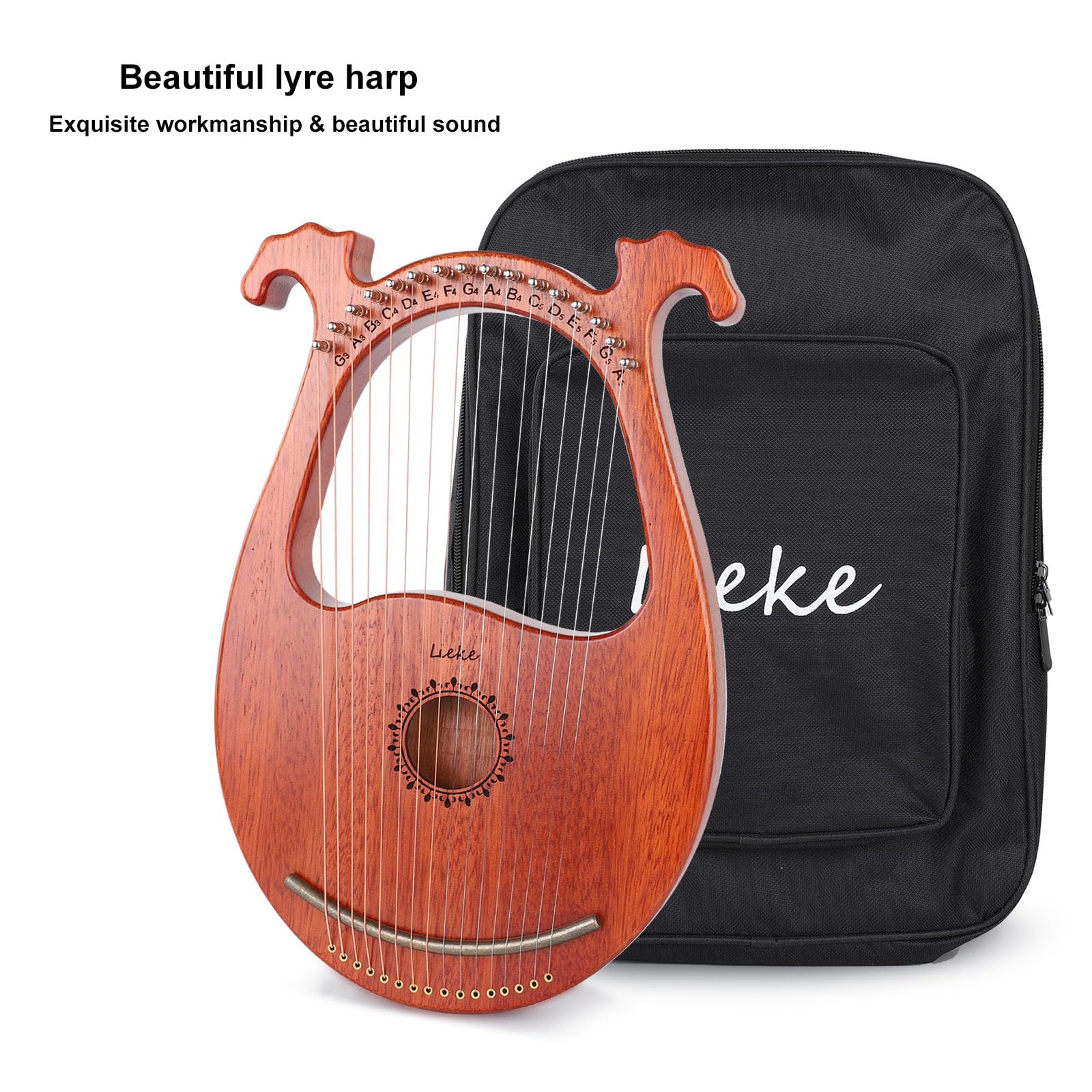 LIEKE Harpe lyre 16 cordes métalliques, corps en acajou et selle en cuivre, mini instrument de harpe cadeau avec sac de clé d'accordage pour musicien débutant