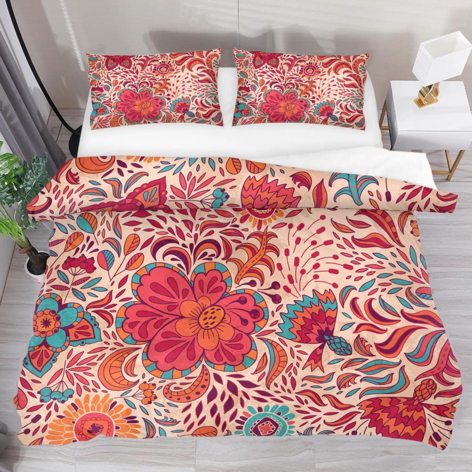 Set copripiumino per letto matrimoniale bohémien, 3 pezzi, varie dimensioni, morbido e traspirante, cerniera nascosta resistente, lavaggio ad alta densità, unisex e per tutte le stagioni, king size