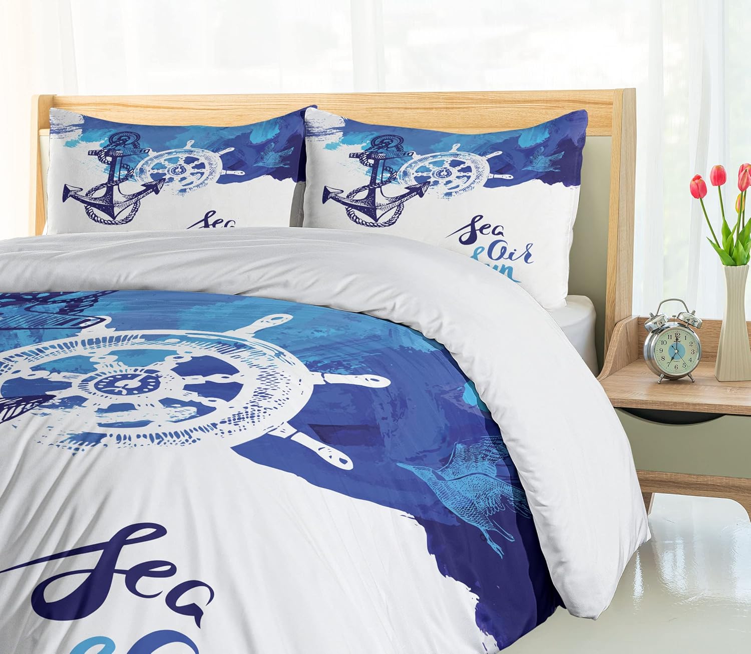 Ambesonne Nautical Duvet Cover Set, Vivid Ocean Back with Paint Effects with Wind Rose and Rudder Cruise Image, Decorative 3 Piece Bedding Set with 2 Pillow Shams, King Size, Shades of Blue King Shades of Blue
