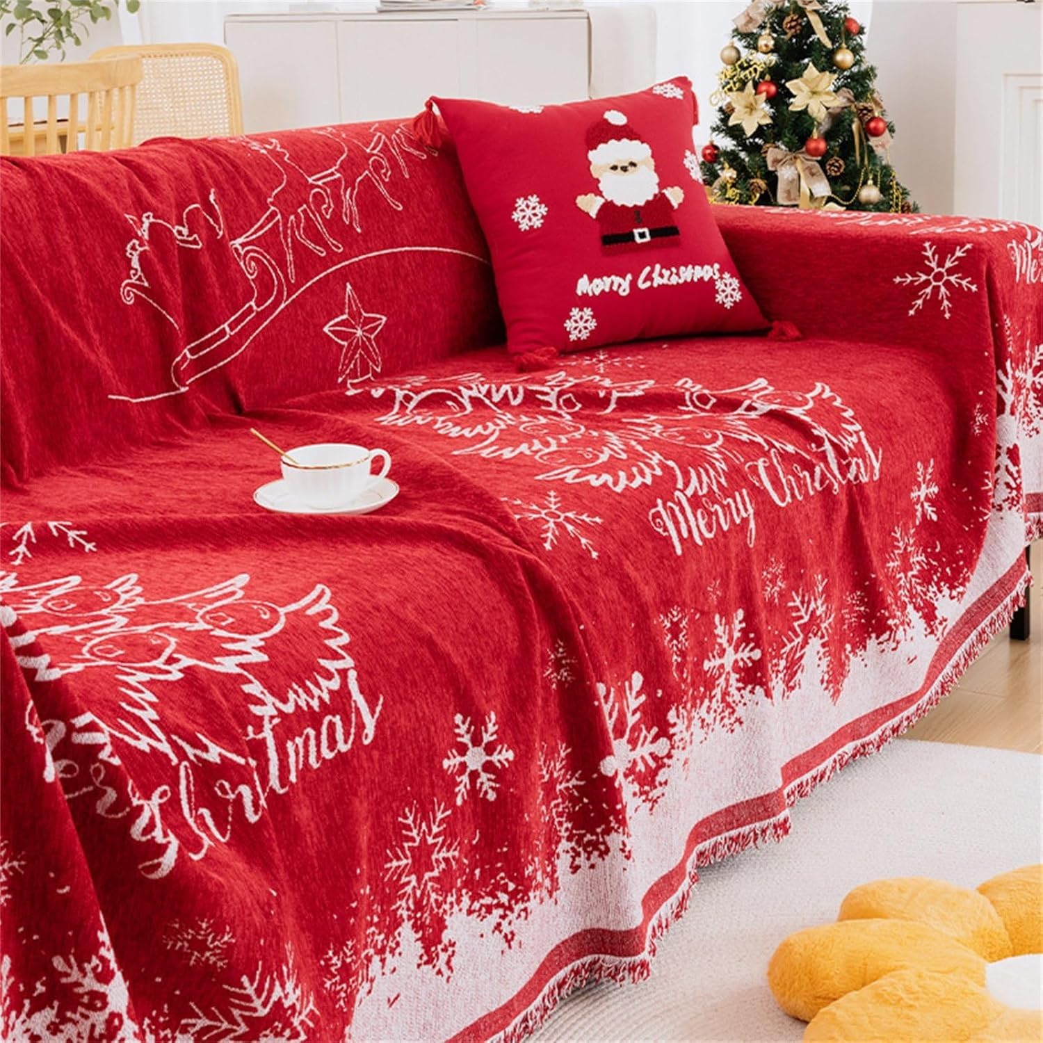 Couverture de canapé rouge en chenille pour décoration de Noël et salon chaleureux