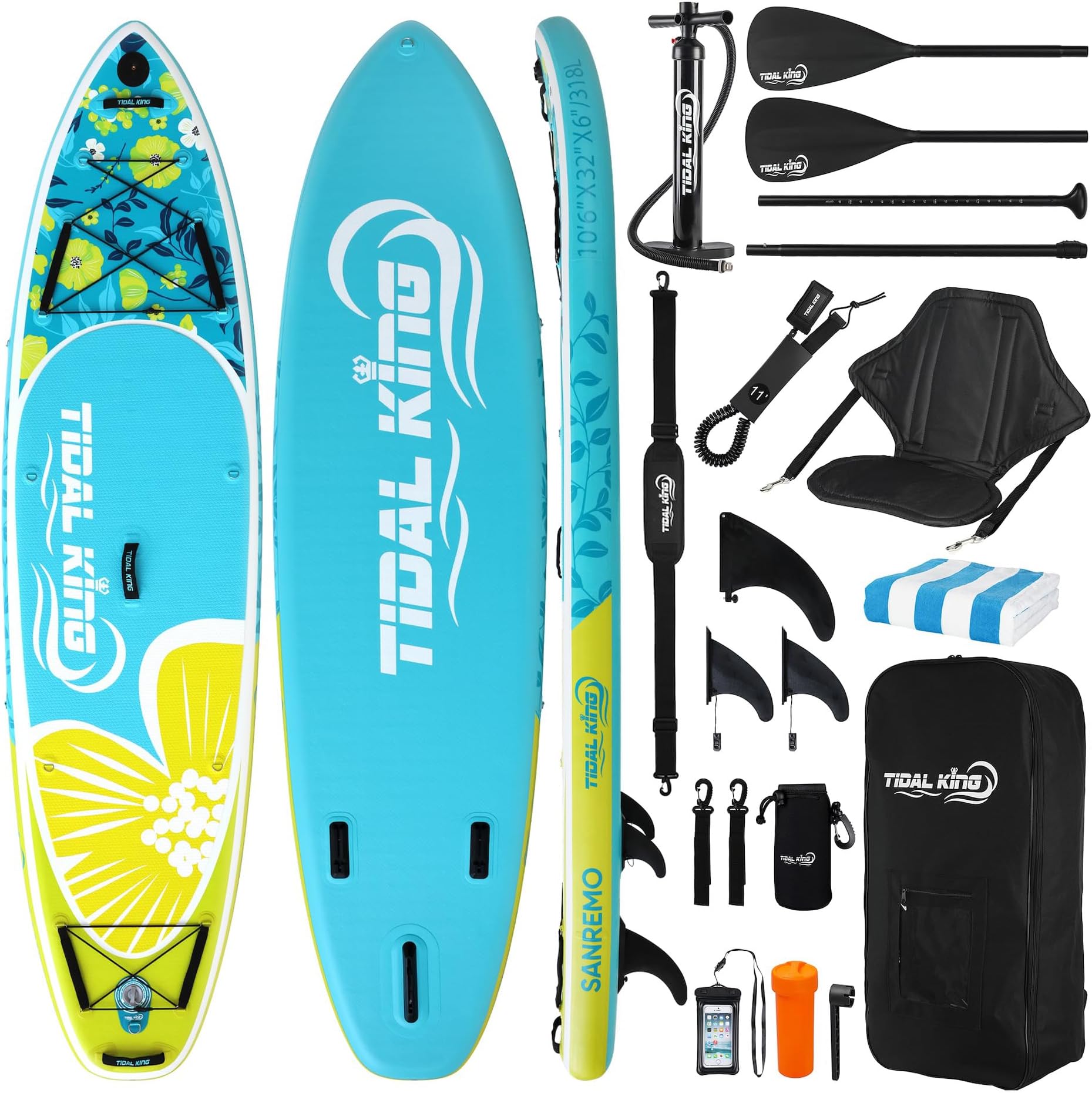 Tidal King 10'6 x 33/32 x 6 ISUP Inflatable Stand Up Paddle Board - Extra Wide for Added Stability, Adjustable Kayak Paddle & Seat, Bag, Phone Case & 2 Years Warranty