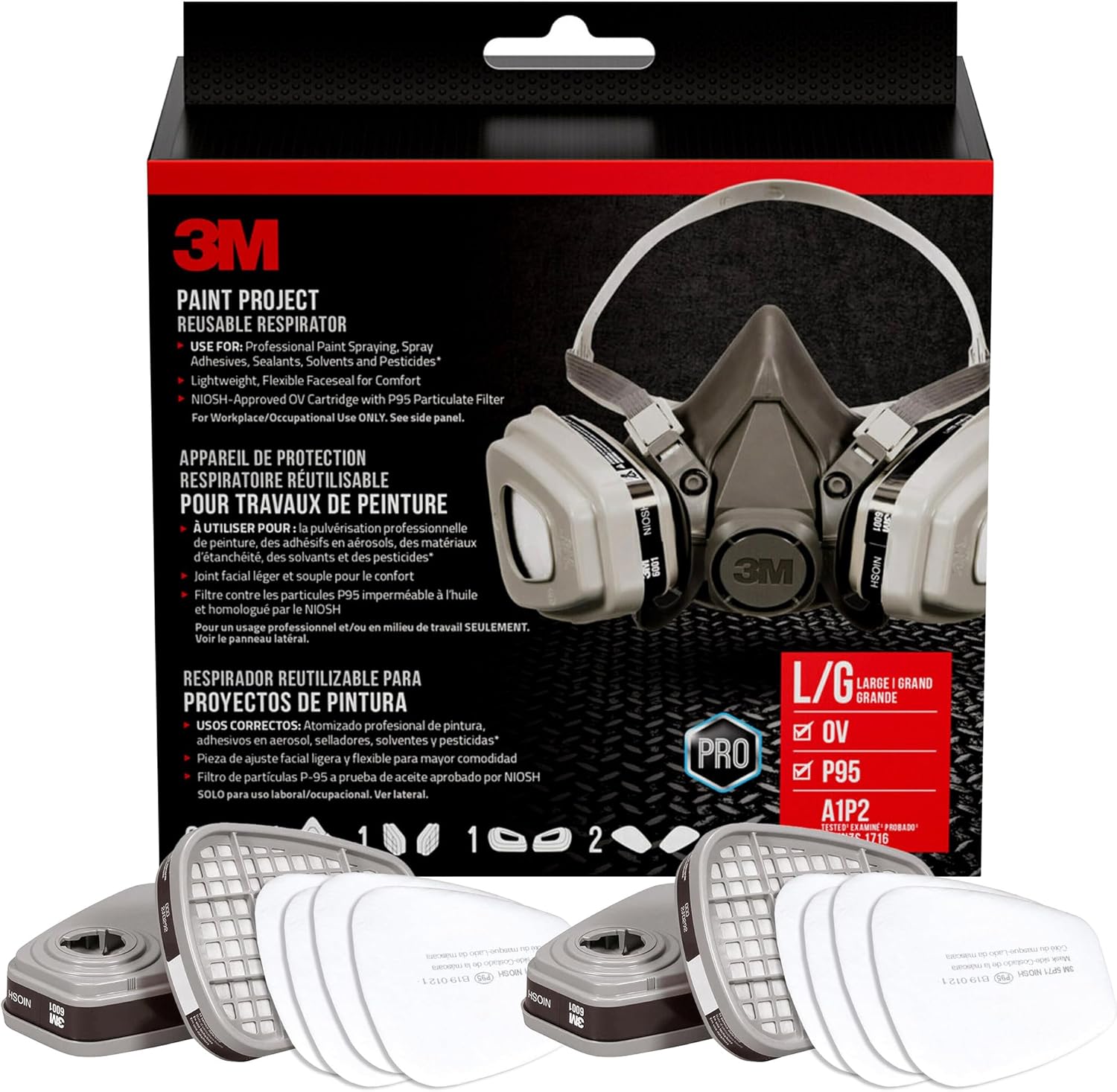 3M Paint Project Respirator Large Bundle, NIOSH Approved, OV/P95 Reusable Half Face Mask + 3 Sets Organic Vapor Cartridges & P95 Filters for Paint Spraying, Solvents & Pesticides