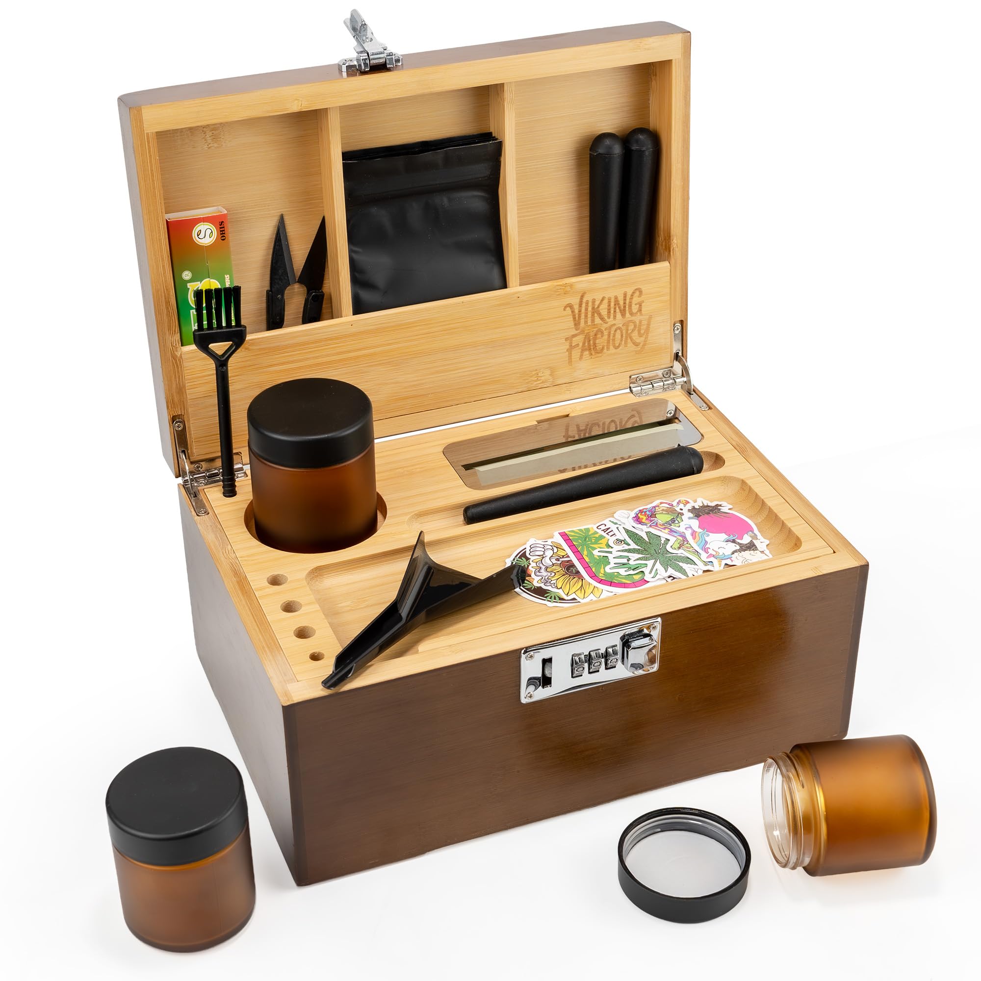 Große abschließbare Aufbewahrungsbox aus Bambus mit abnehmbarem Tablett und Zahlenschloss, 19-teiliges Organizer-Set aus Holz mit Gläsern, Zubehör und gepolstertem Innenraum für