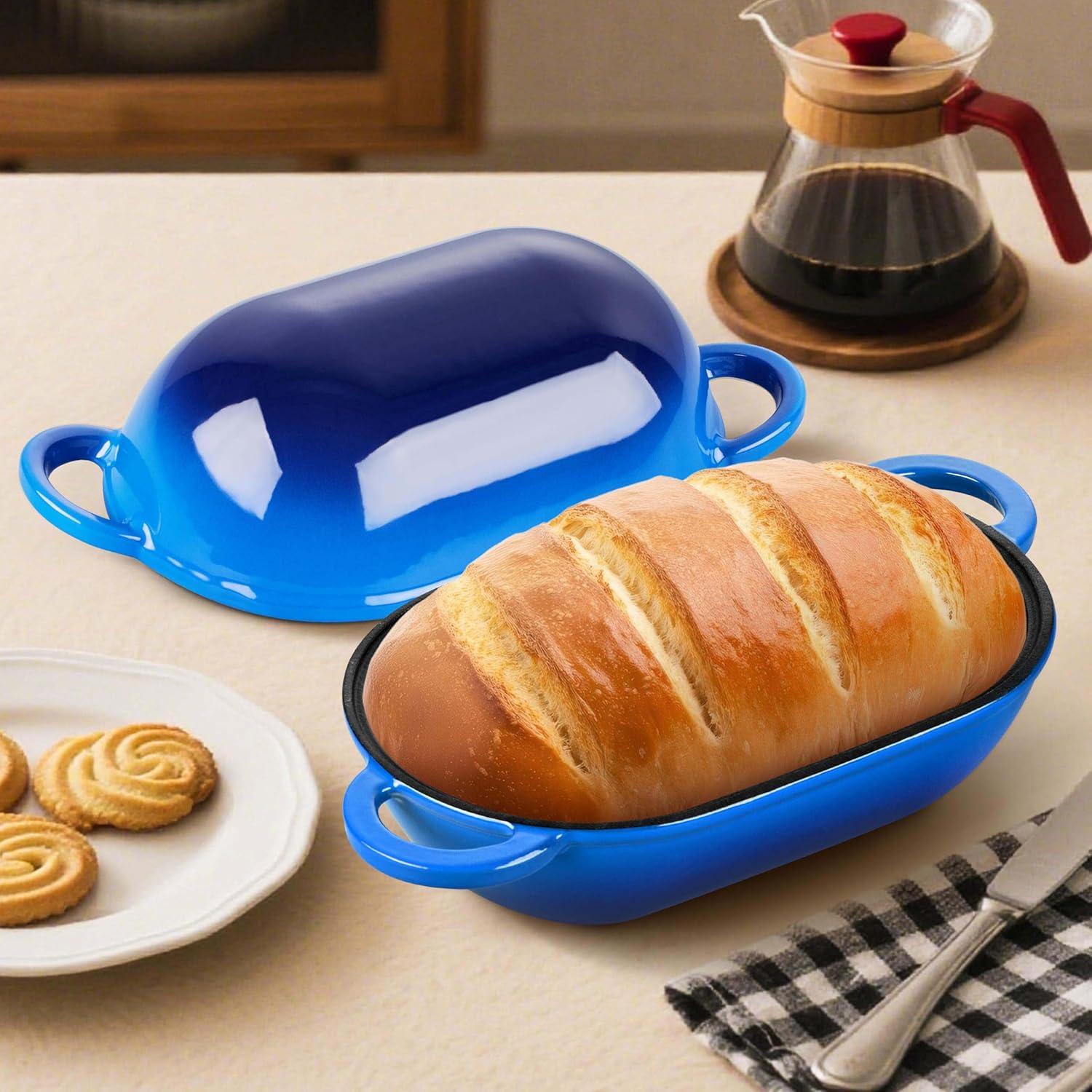 Homikit Enameled Cast Iron Dutch Oven for Bread Baking, 2.8 QT Oval Bread Oven Pot with Lid, 9.5 x 5.7 Inch Sourdough Loaf Baking Pan for Homemade Bread, Heavy Duty & Oven Safe, Blue - Image 4