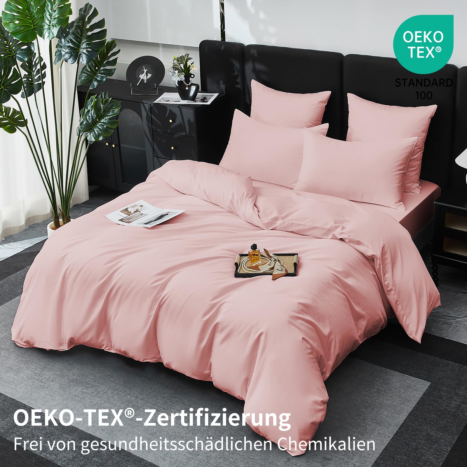 Ropa de cama de satén, 220 x 240 cm, color rosa, 100 % algodón de fibras largas, refrescante, satén Mako, ropa de cama suave y transpirable, de seda, juego de 3 piezas con cremallera y 2