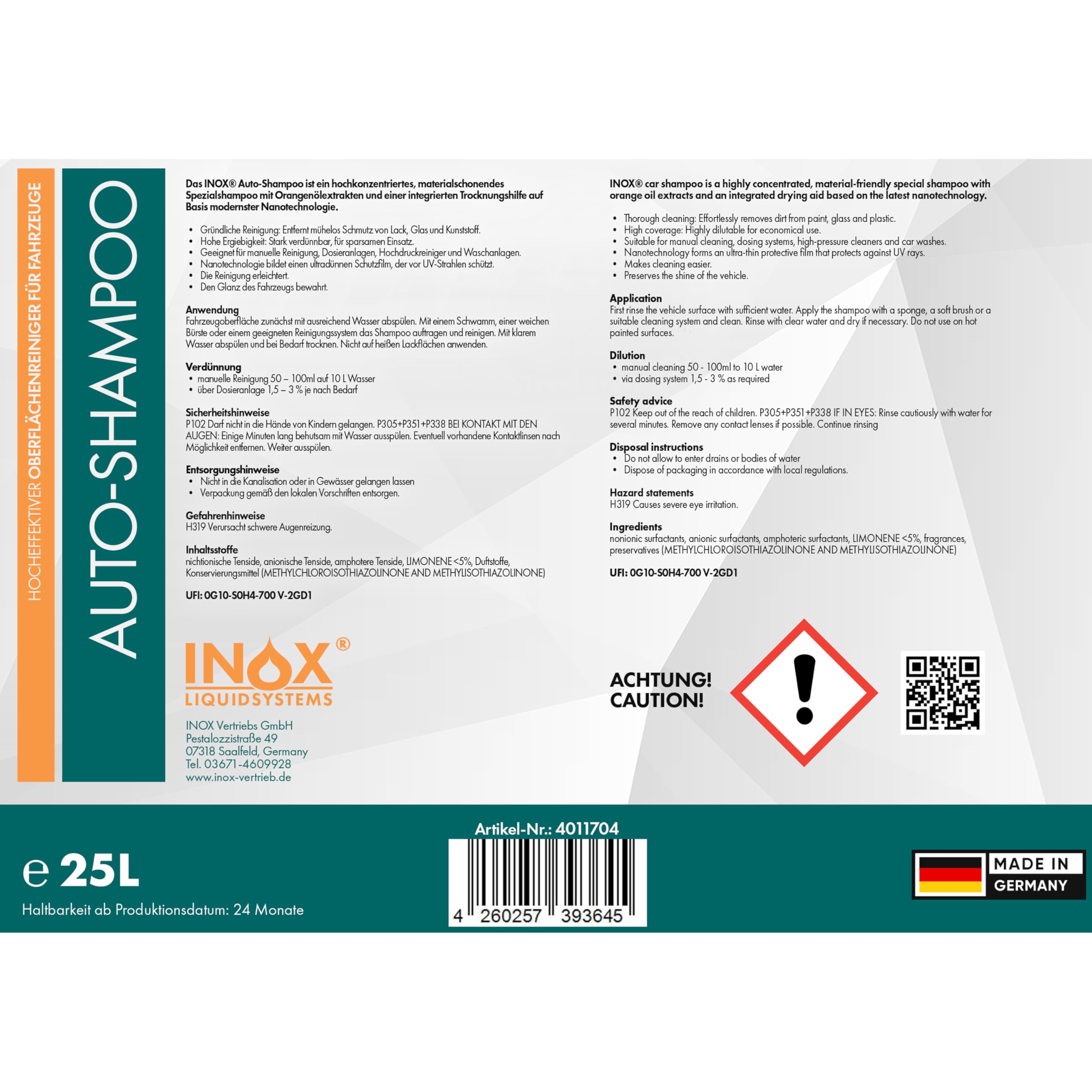 INOX® - Nano Line Autoshampoo Konzentrat im 25L Behälter | Autoreiniger für PKW, LKW, Wohnmobil und Motorrad | Autoshampoo für Hochdruckreiniger | Sanfte Reinigung