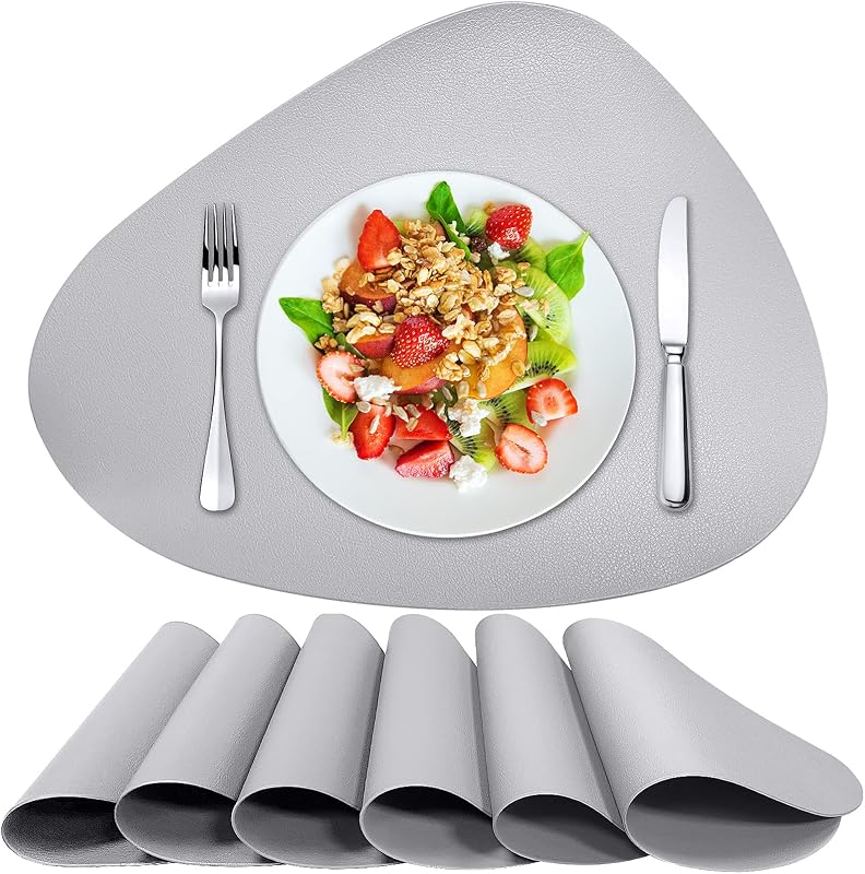 Placemats Set of 6 for Dining Table Mats Faux Leather Place Mats Wipeable Washable Placemats for Round Table Mats for Kitchen Dining Patio Heat Resist Easy to Clean Light Grey