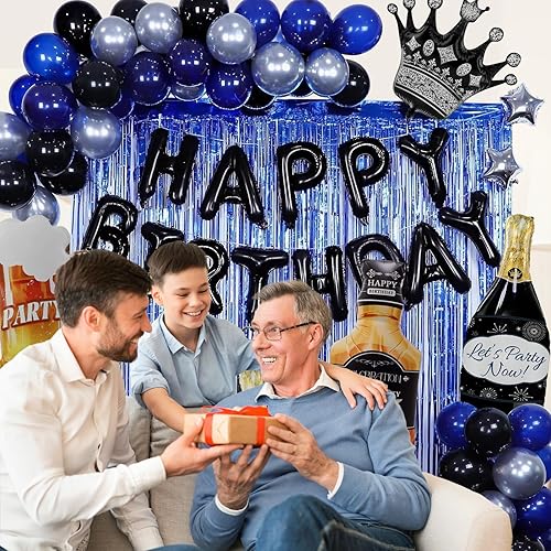 Miniatura 5 de Decoraciones de feliz cumpleaños azul y negro para hombres, decoraciones de cumpleaños con pancarta, cortinas de flecos, globos de aluminio, kits de