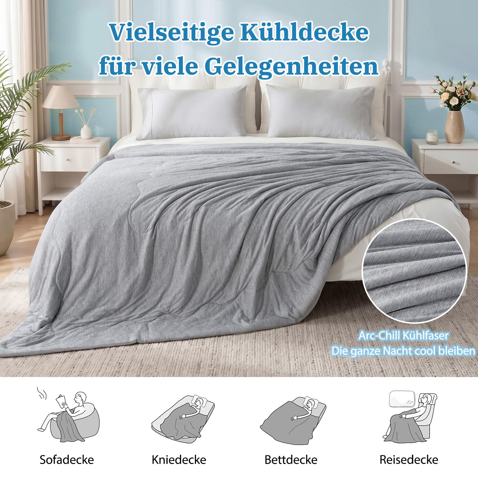 Kühldecke 200x220 cm, Arc-Chill Q-Max>0.5, Grau Doppelseitig Kühlende Bettdecke, Leichtgewicht, Atmungsaktiv, Leichte Sommerdecke zum schlafen Kühldecke für Sofa, Bett, Reisen
