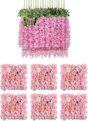 U'Artlines Paquete de 12 unidades (total de 43.2 pies) de vid artificial de glicina y 6 alfombrillas decorativas de flores sintéticas