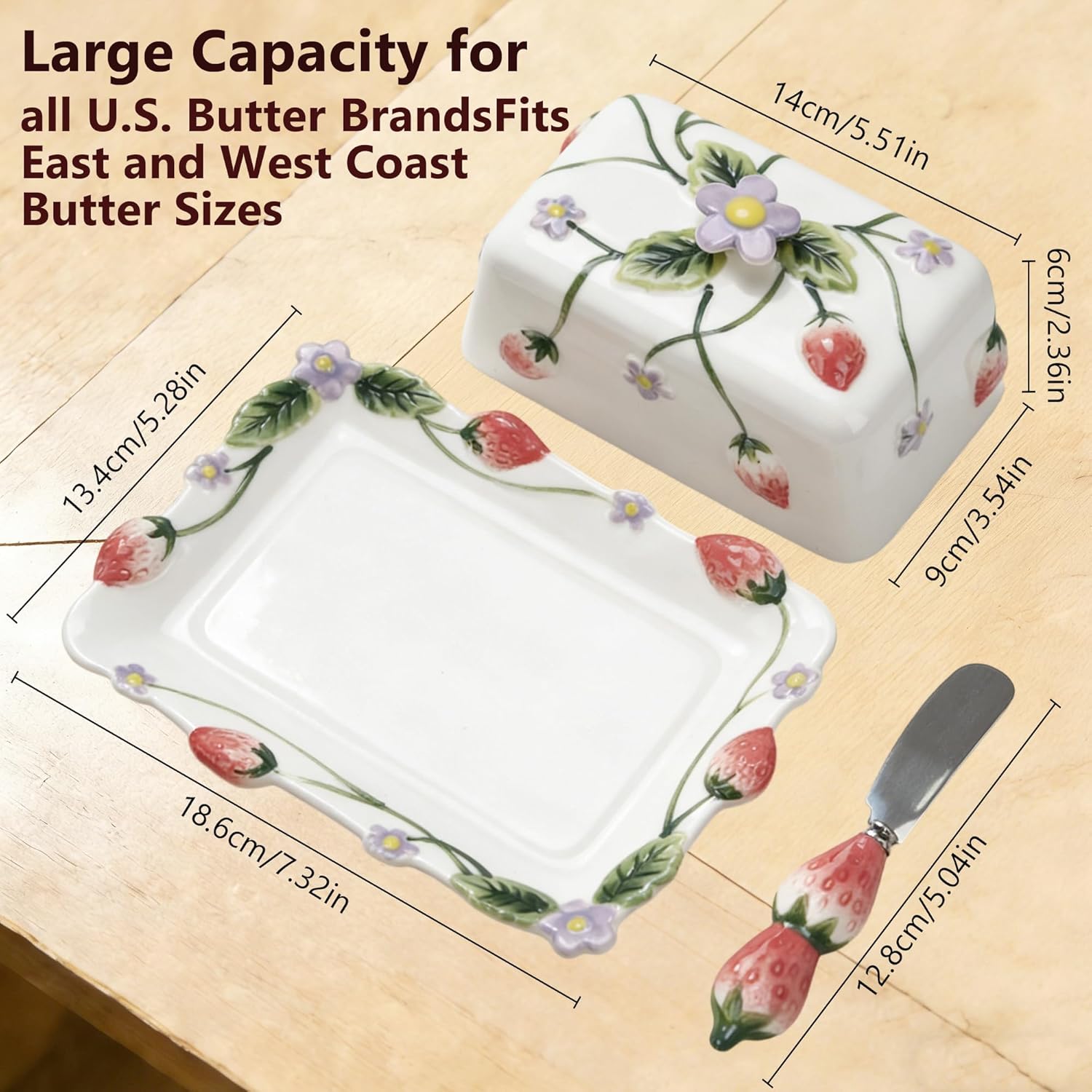 Strawberry Ceramic Butter Dish with Lid & Stainless Steel Knife – 3D Relief Design, White Covered Butter Holder for Countertop, Keeps Butter Soft & Fresh, Durable Home Kitchen Decor