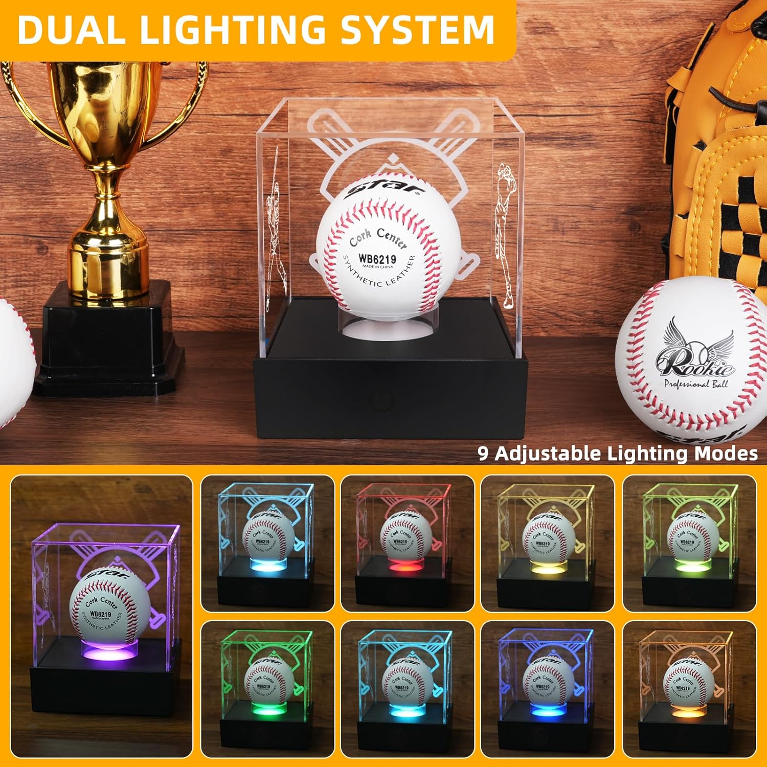 Baseball Display Case with LED Light Baseball Holder Display Case with Engravings, Light Up Baseball Case for Display, UV Protected Clear Acrylic Stand Box for Memorabilia, Softball Golf Baseball Case