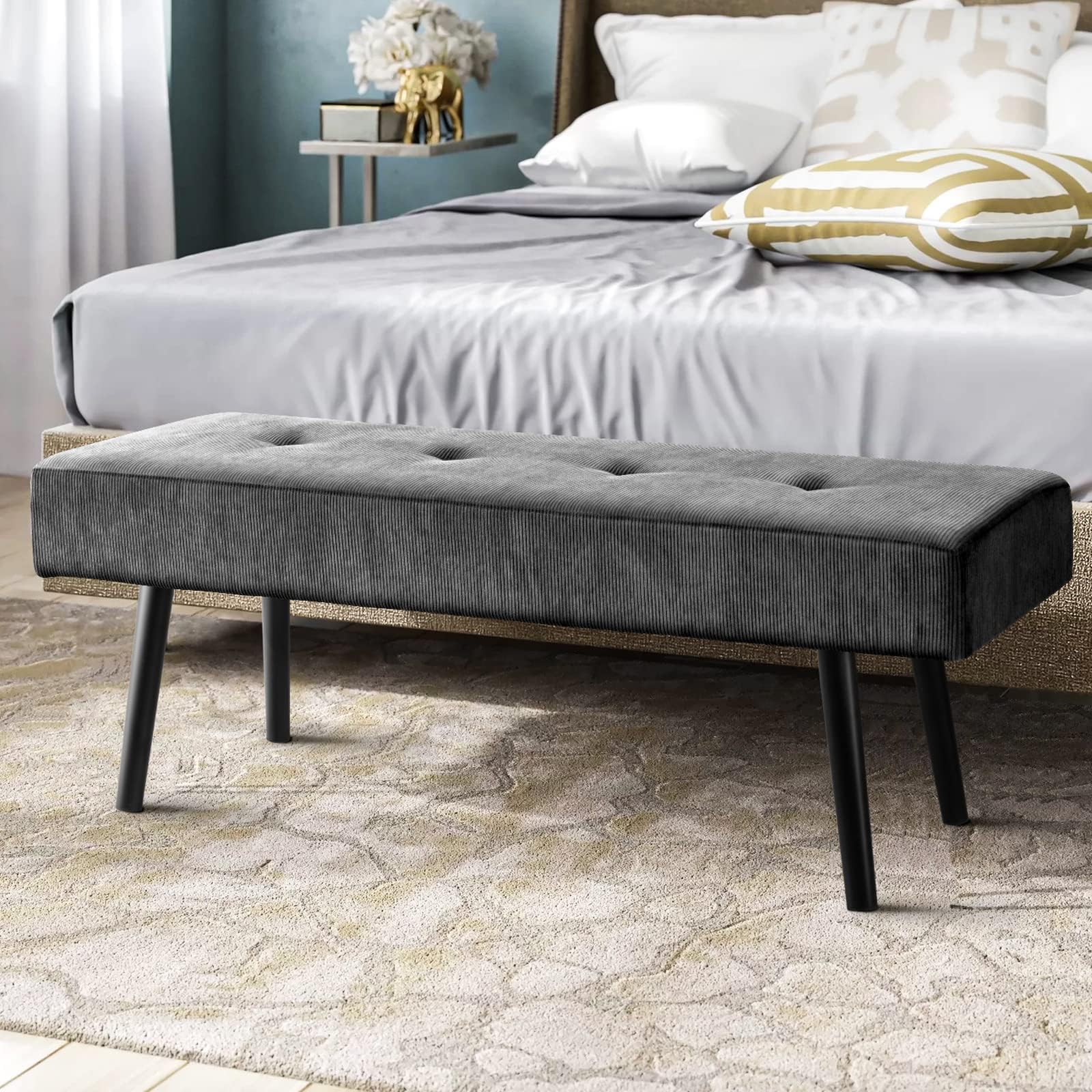 Comfy to go Entryway Bench - Grey Bench for Bedroom, Modern Ottoman End of Bed, Corduroy Padded Benches for Living Room, Foyer, Mudroom, Hallway - 39" L x 14" W x 17" H