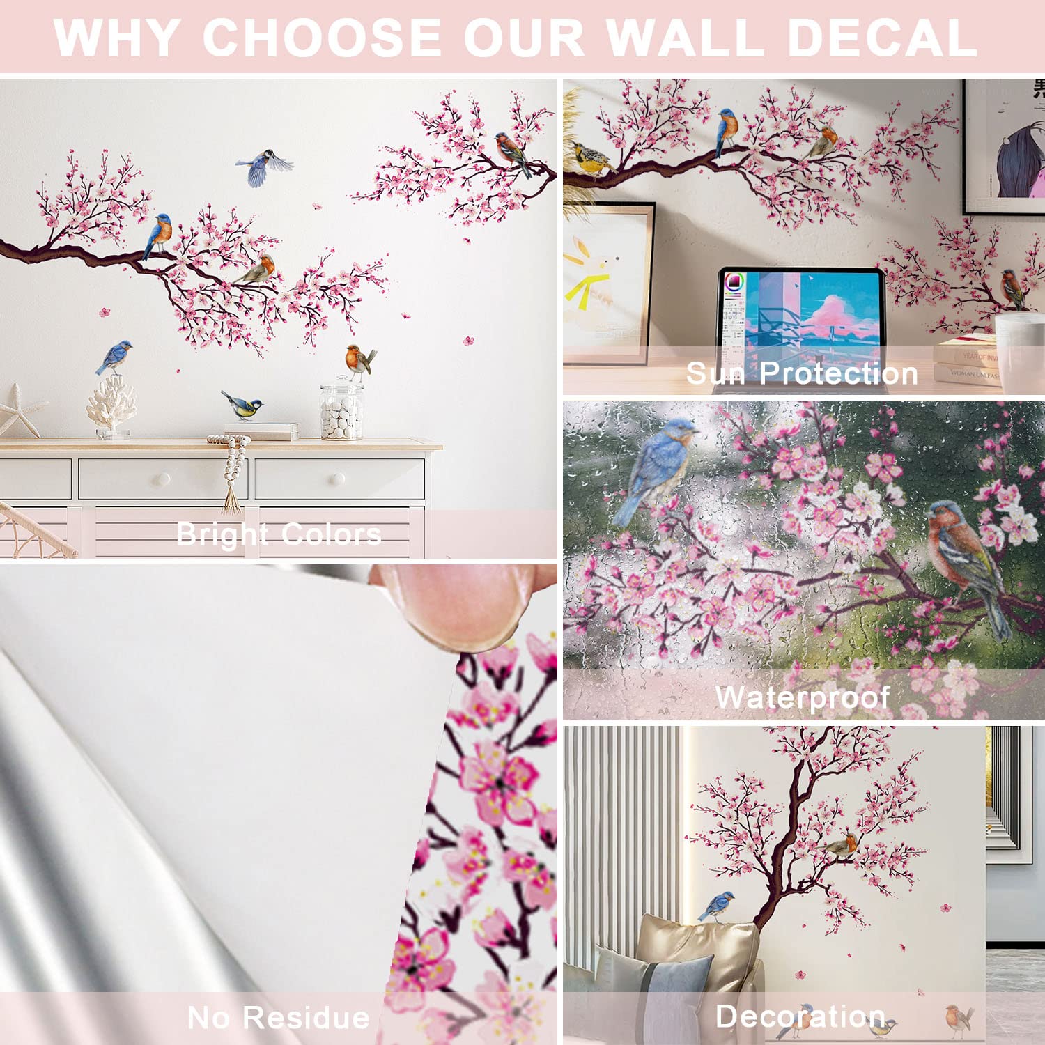 Snapklik.com : Watercolor Pink Flower Wall Decals Blossom Bird Tree ...