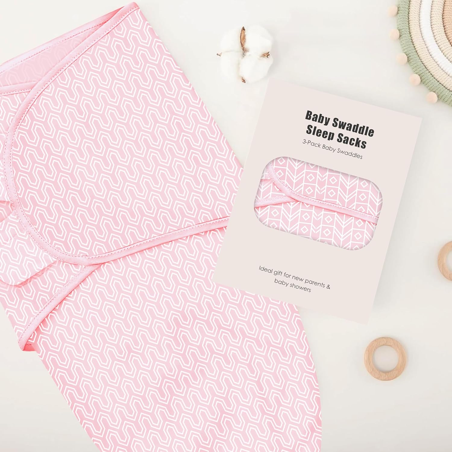 SWEET DOLPHIN 3-Pack Baby Swaddle Sleep Sacks - Newborn Swaddle Blanket with Soft Cotton - Ergonomic Wrap for Boys and Girls, 3-6 Months, Pink