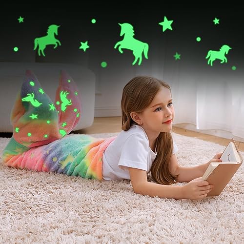 Miniatura 7 de Manta de cola de sirena para niños, regalo de unicornio y sirena que brilla en la oscuridad, manta de franela suave para niños pequeños con diseño