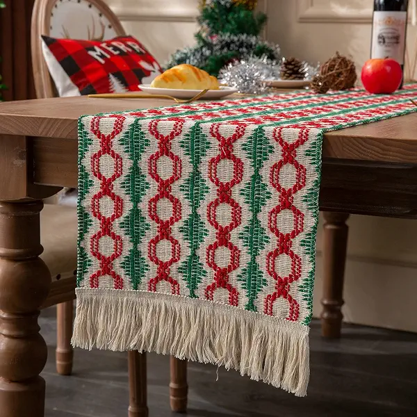 Decorative Table Runner, Infinity Pattern with Fringe, Crochet Linen Table Runner for Buffet Parties and Weddings, Red Green, 33 x 180 cm