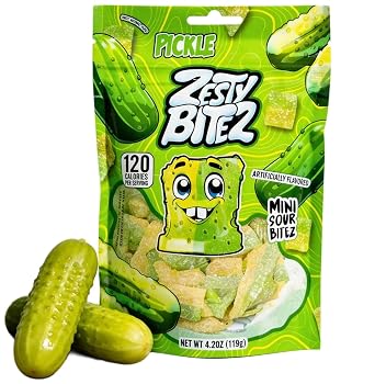 Zesty Bitez Sour Candy Belt Bites, Pickle Flavor, Tangy Chewy Fruit Snacks, Vegan Friendly, Resealable Bag, Pickle- 4.2 oz
